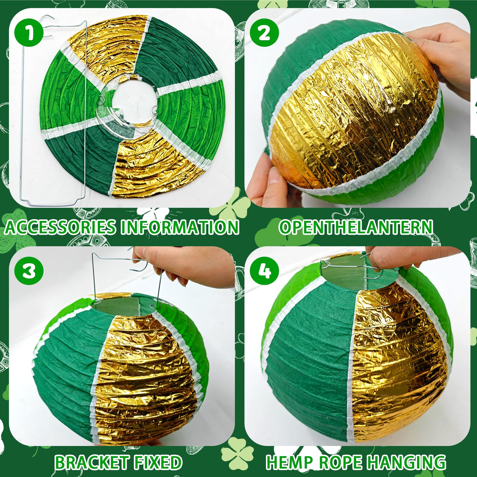 KAXIXI Green Gold Paper Lanterns - 6pcs Hanging Decorations for St. Patrick's Day, Engagement, Birthday, Indoor/Outdoor Party Supplies