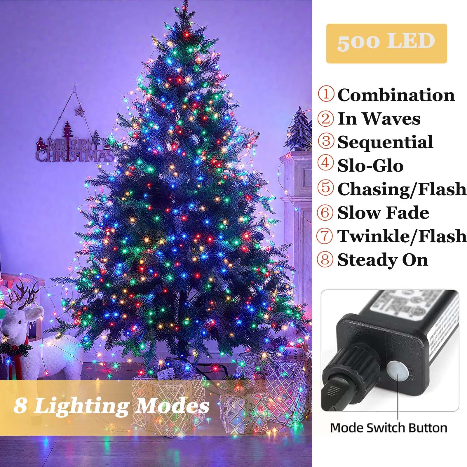 Tcamp 164Ft 500 Led Christmas Lights Outdoor, 8 Modes Christmas Tree Lights With Timer Memory Function, Green Wire Fairy String