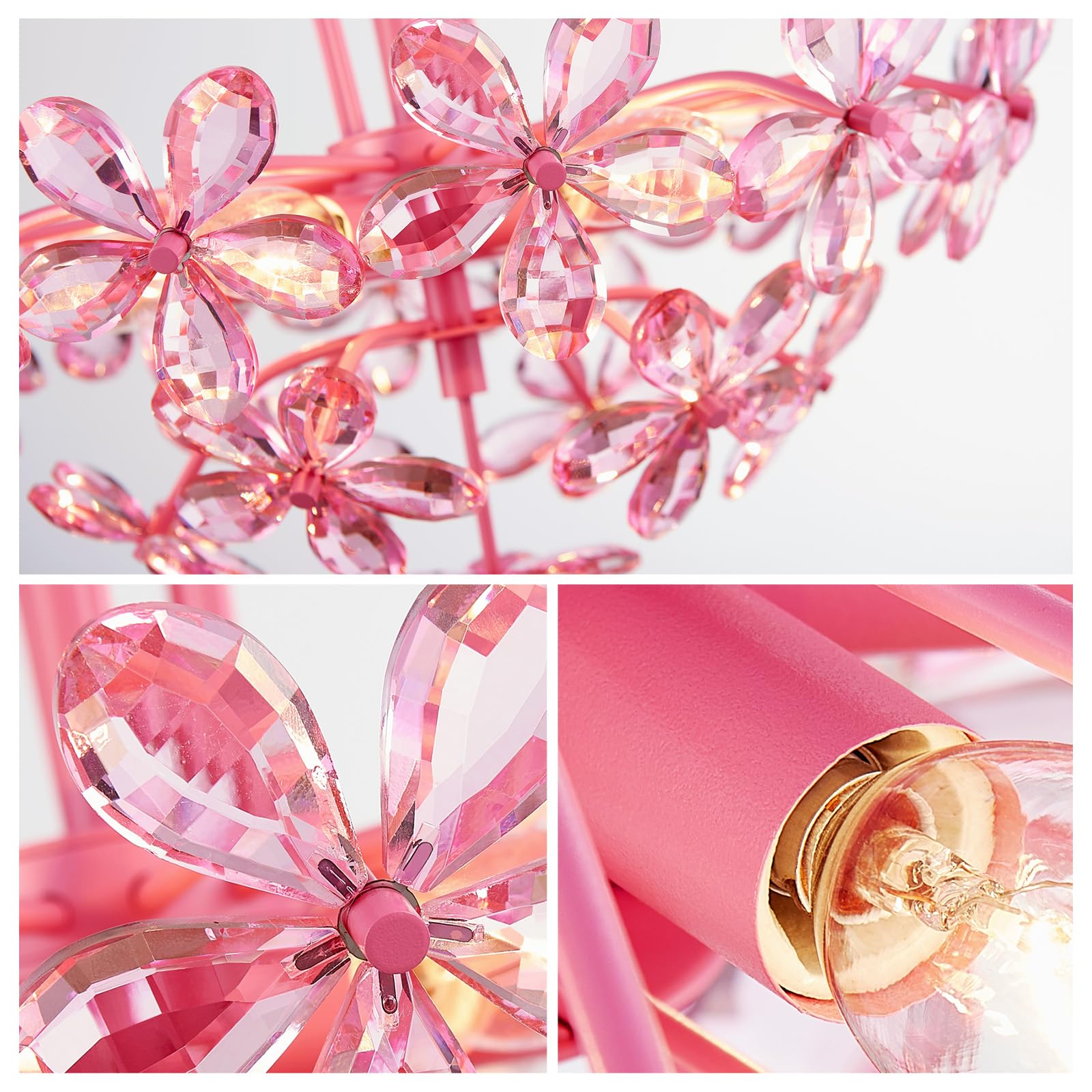 WUZUPS Crystal Chandelier Pendant Light, 15.7in H x 17.7in W, Pink, Metal, 6 Lights, Model USHD90013P-P