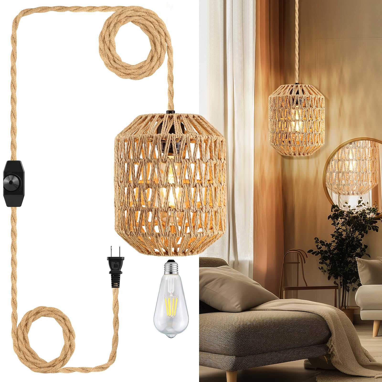 Plug In Pendant Light, 15Ft Hemp Rope Cord,Hanging Lights With Plug In Cord Dimmable Rattan Hanging Lamp Wicker Woven Basket Lampshade, Industrial Plug In Ceiling Light Fixture For Kitchen (Brown)