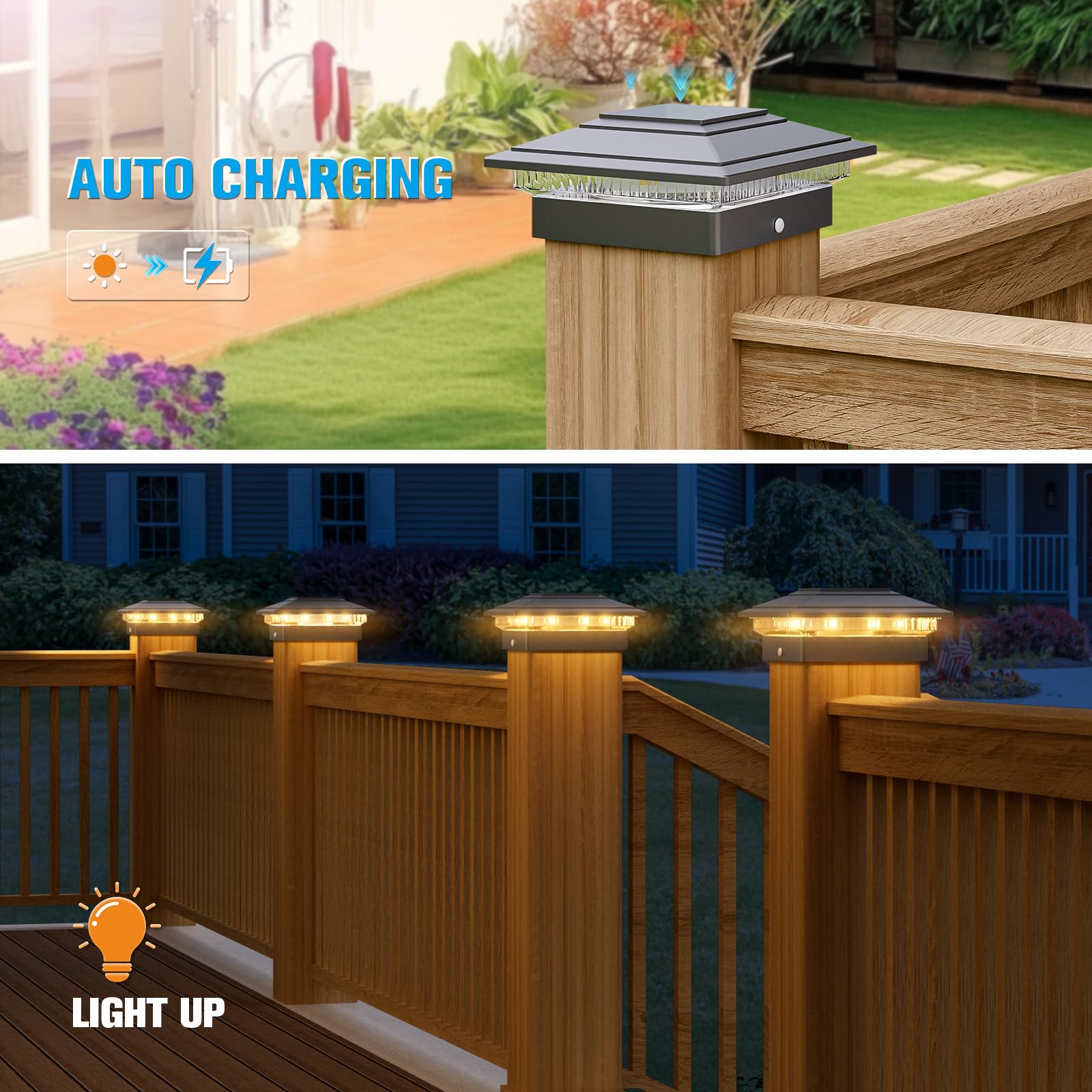 Volisun Solar Fence - Post Lights, Solar Post Cap Light Outdoor Waterproof 6Pack, Black Deck Cap Light Solar Powered, For 4X4 5X