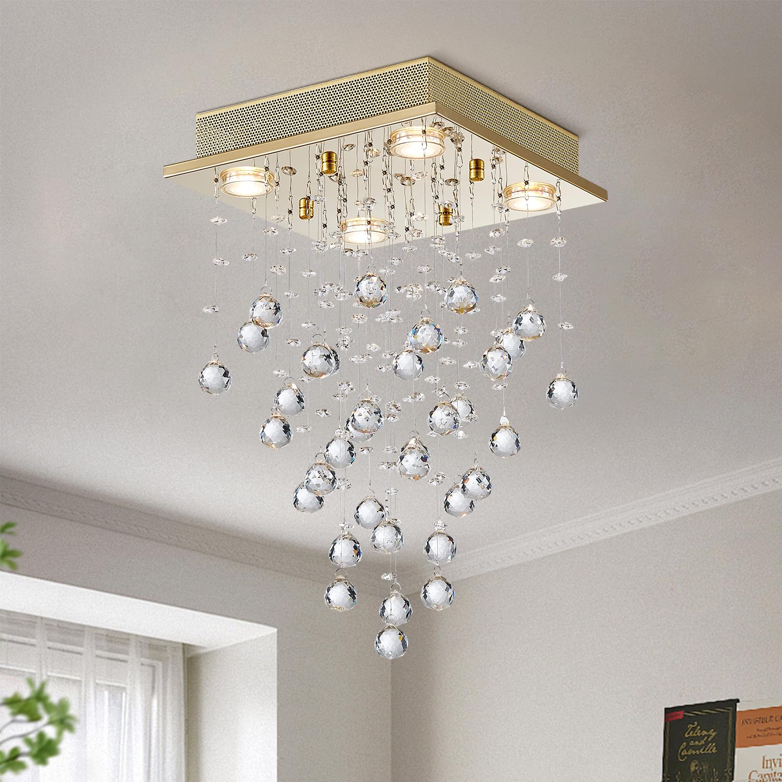 Bestier Gold Crystal Raindrop Chandelier, 12" Wide x 20" High, Metal Flush Mount Light for Dining Room, Bathroom, Bedroom, Model AK-AJ-18178