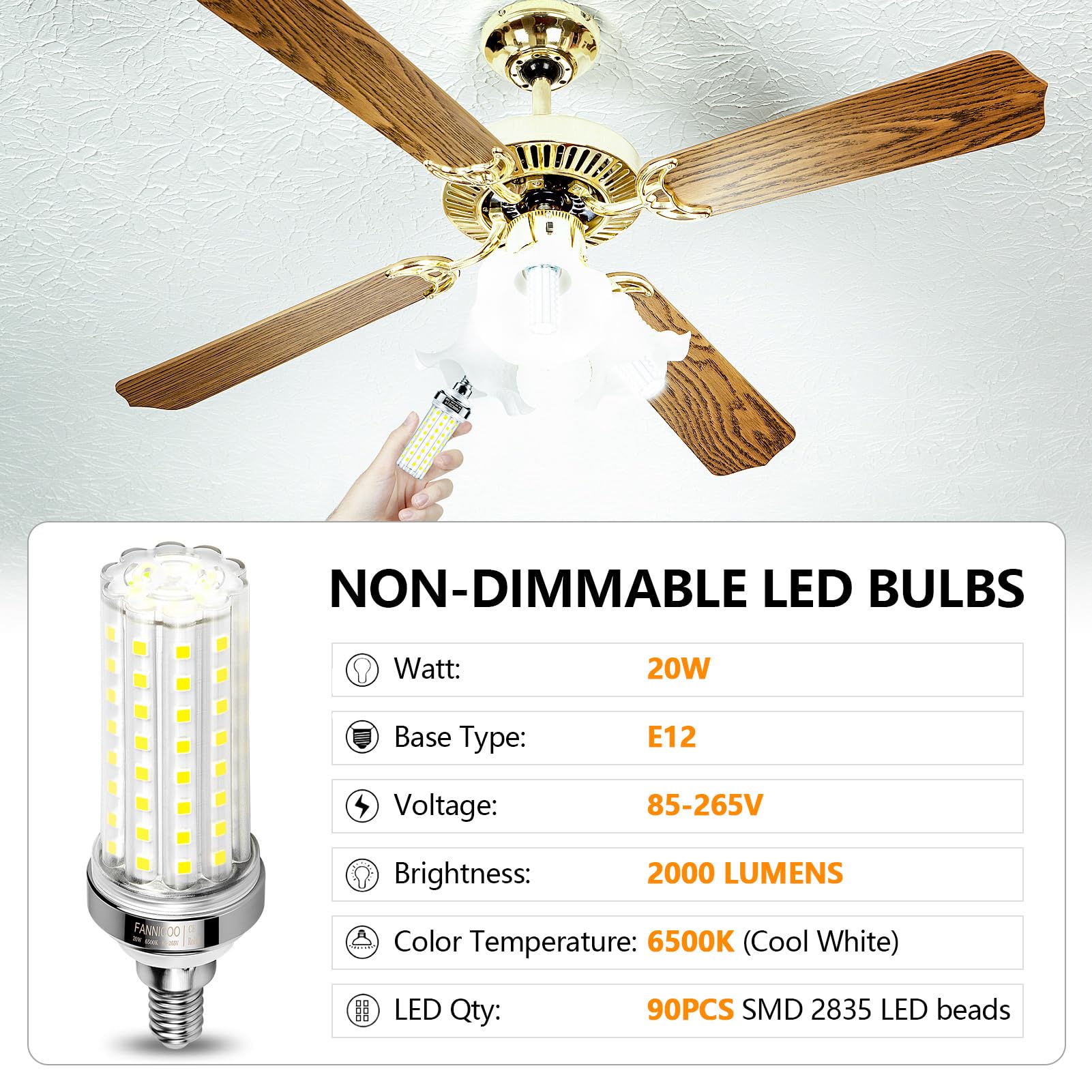 E12 Led Bulb, 20W Led Corn Light Bulb 150W Equivalent 2000Lumen 6500K Cool Daylight White Non-Dimmable Led Candelabra Light Bulb