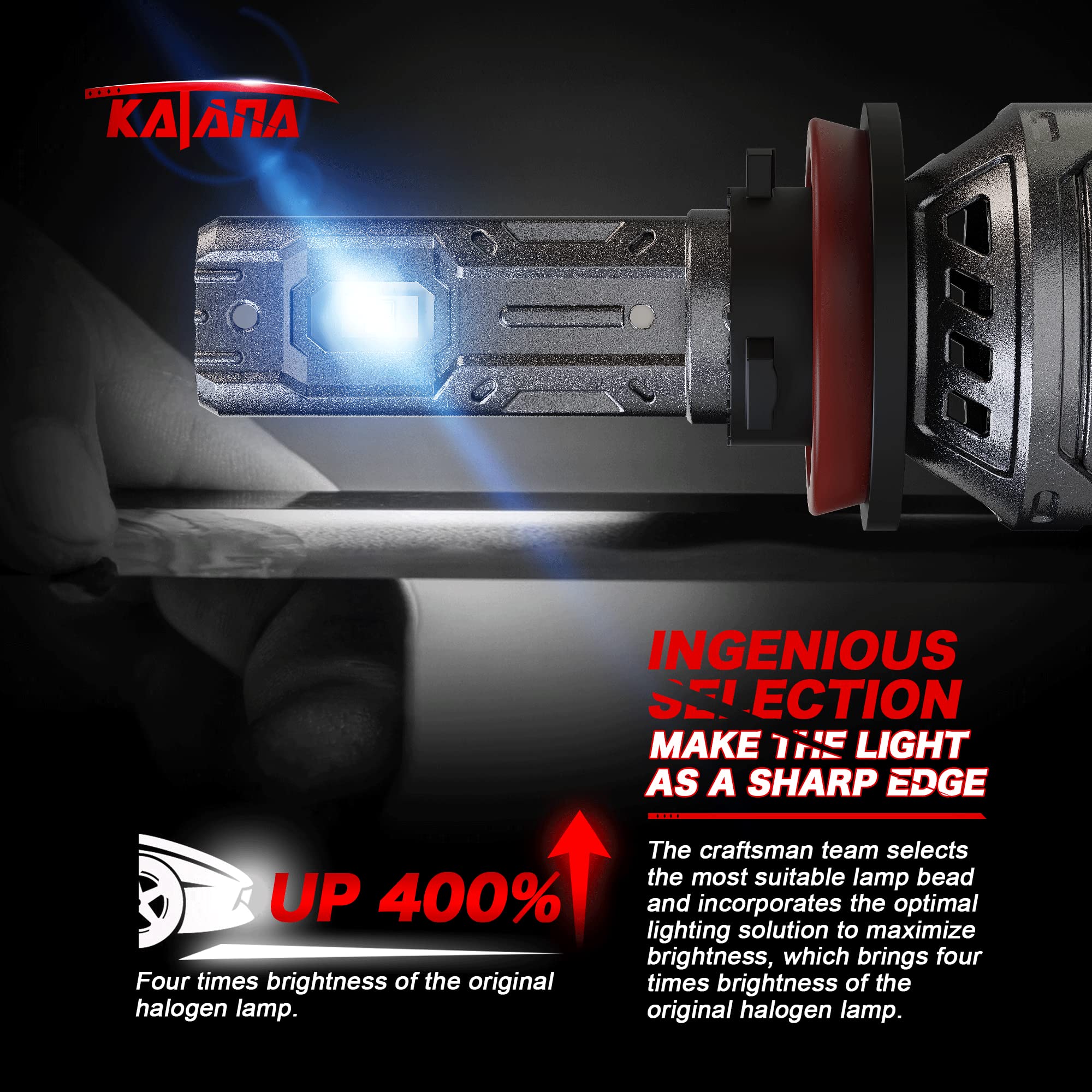 Katana H11 Bulb - H9 H8 LED Light - 400% Brightness, 6500K White, Mini Size, Aluminum, Plug and Play