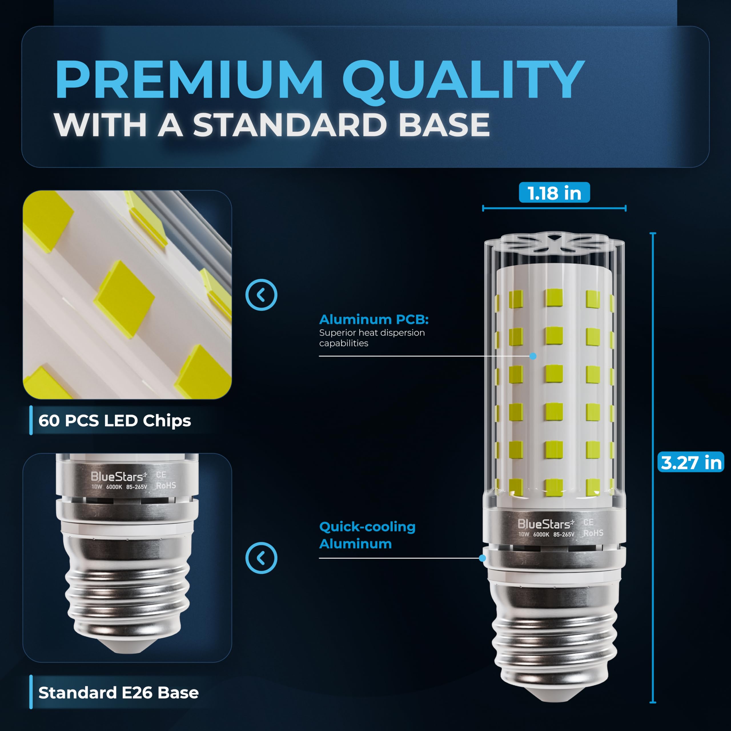 BlueStars LED Corn Light Bulbs 10W (100W Equivalent) 1100 Lumens, 6000K Cool White, E26/E27 Base, Clear Plastic - Non-Dimmable