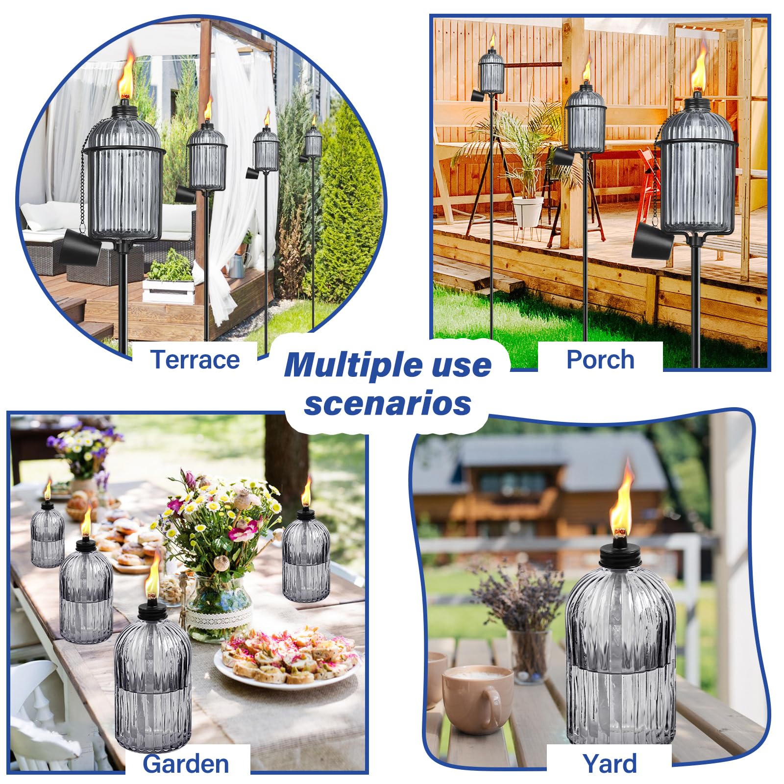 FAN-Torches 4 Pack Garden Torches, 61-Inch Gray Metal Citronella Torches with 3-Prong Stake, Model BLXW-HS-MYD-04