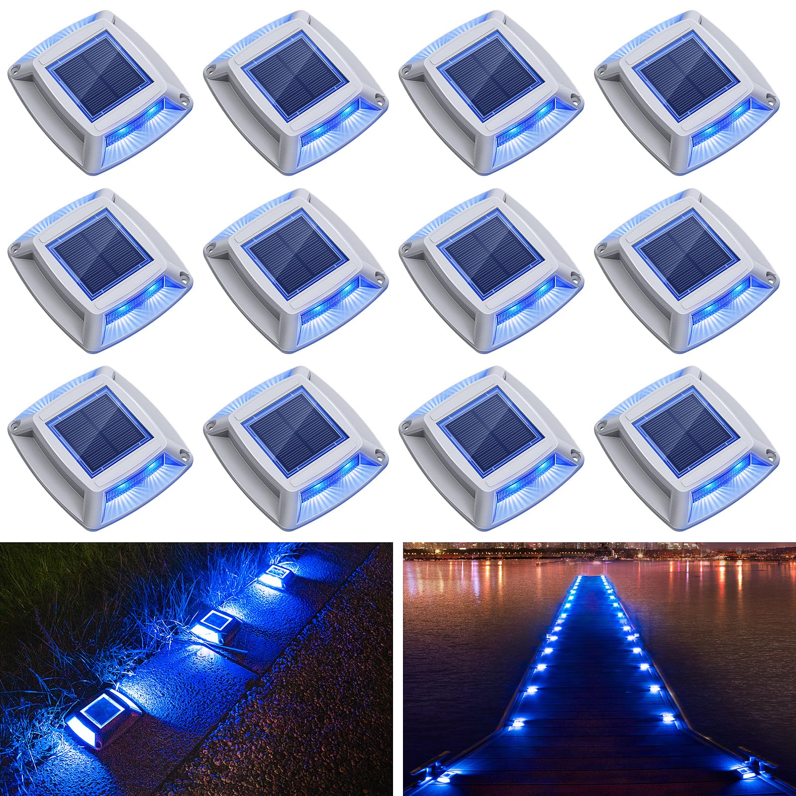 Etetale Solar Driveway Lights 12 Pack, Solar Powered Ip68 Waterproof Solar Dock Lights, 4 Led Driveway Markers Deck Lights For Dock, Pathway, Walkway, Sidewalk, Garden, Yard, Stair, Marine Use (Blue)