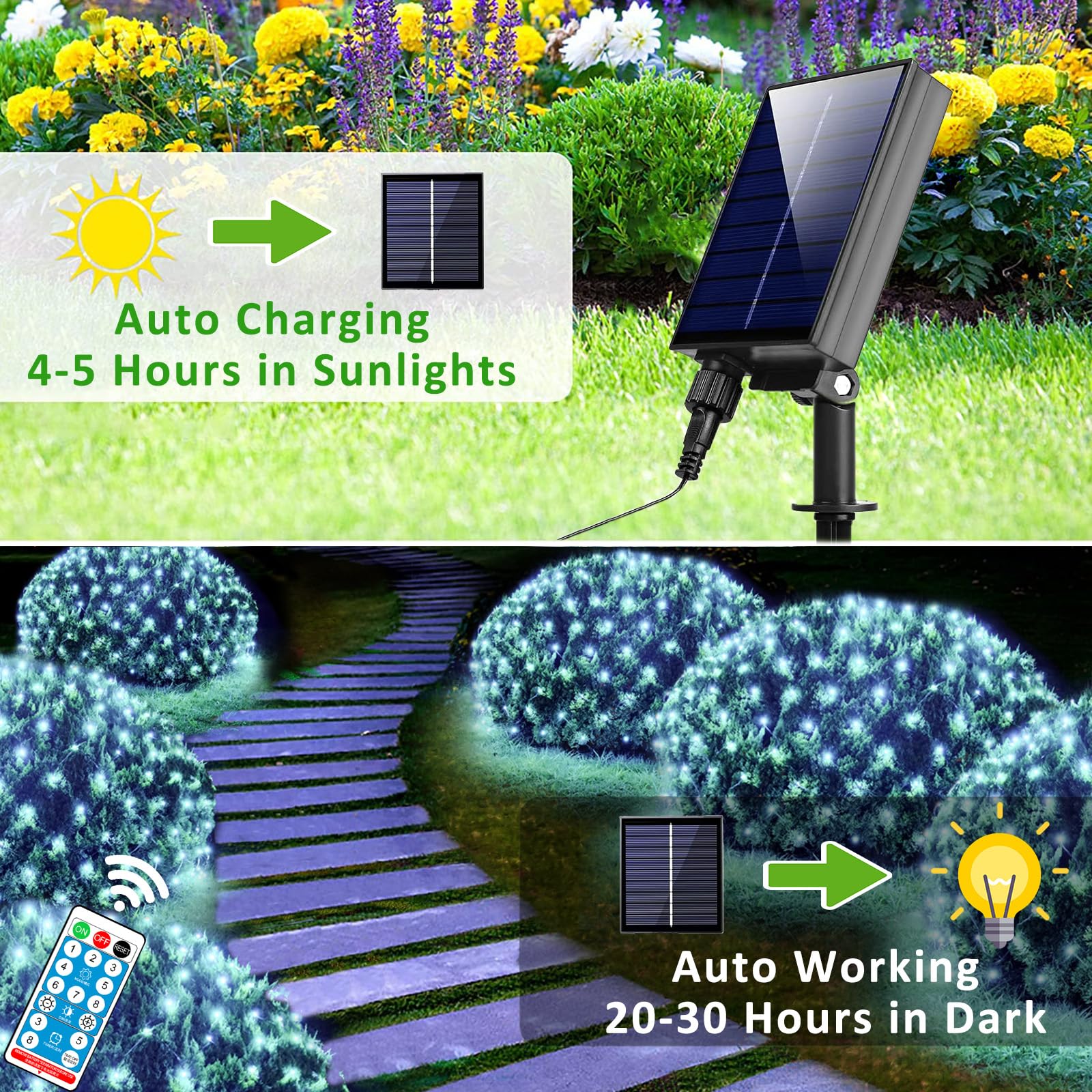 11.5ft x 5ft Solar Net Lights Outdoor, Solar & USB 2 Power Way 240 LED Waterproof Mesh Lights for Bushes, Remote Control 8 Modes