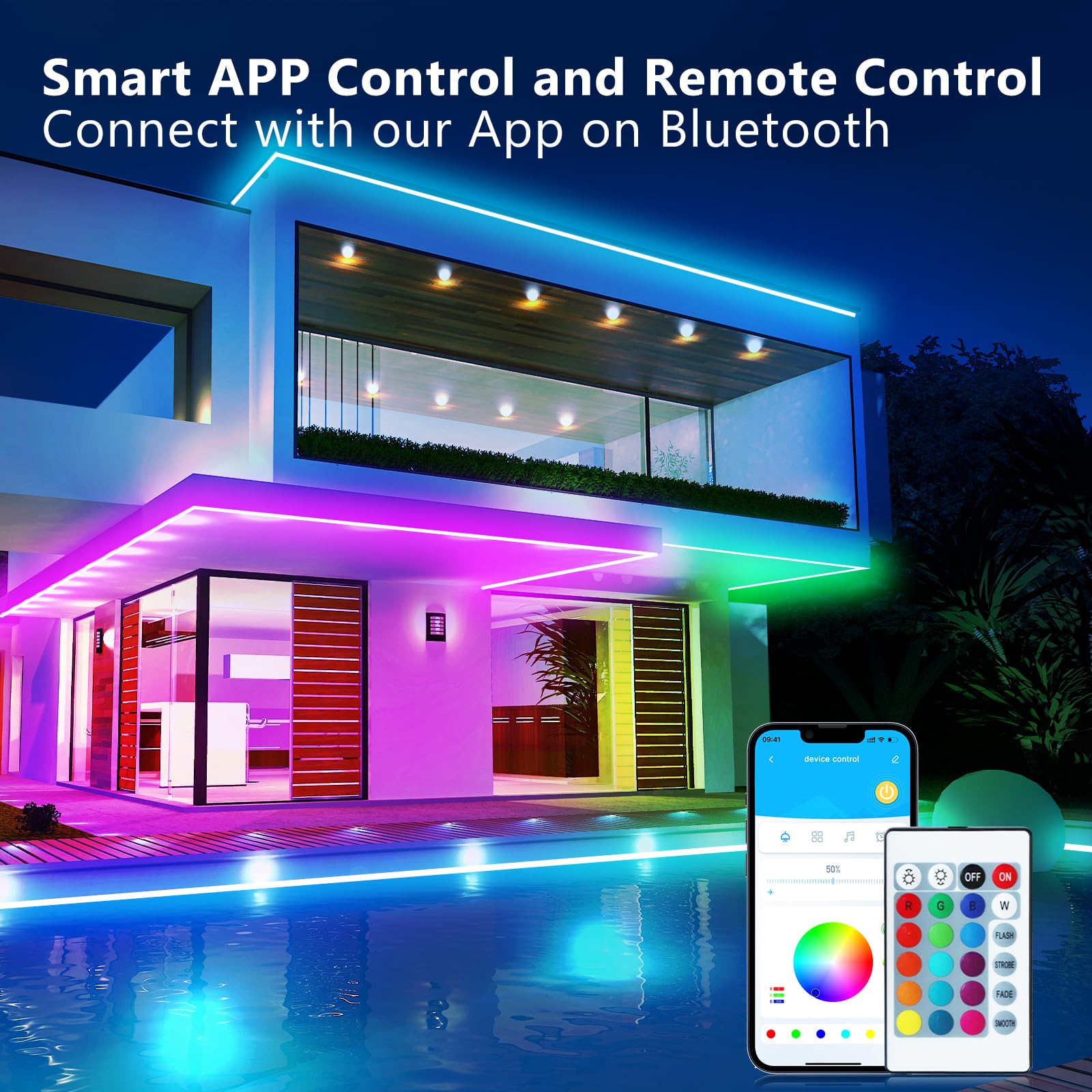 CHARKEE LED Strip Lights 200ft Waterproof Bluetooth RGB Tape Lighting IP67 Music Sync for Outdoor Pool Yard Decoration Model TTGA002-AUS-C1