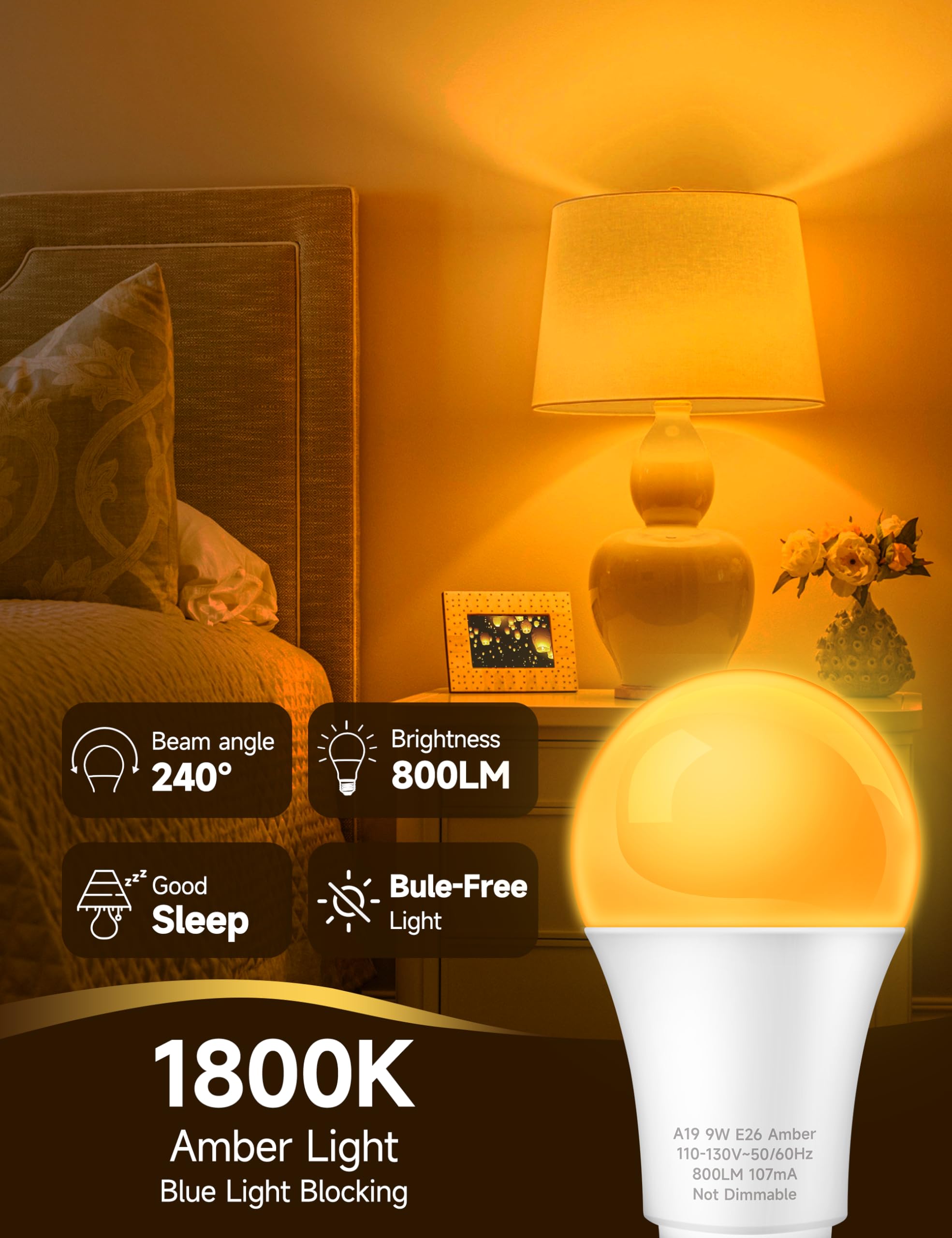 Unilamp Sleep Aid Light Bulb, 9W Amber Warm Light Bulbs 1800K, Blue Light Blocking Dim Light Bulbs 60W Equivalent, Mood Soothing