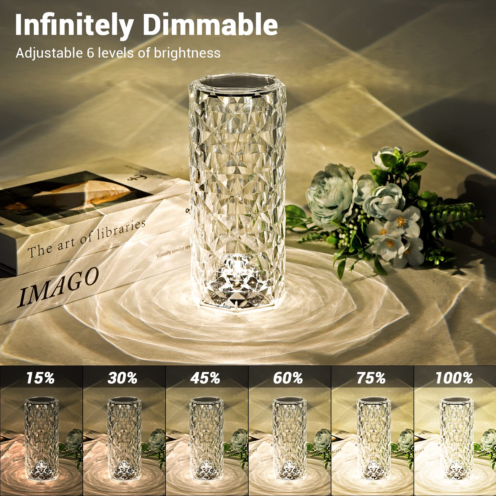 Best World LED Touch Control Crystal Rose Lamp, 16 Colors, Rechargeable, E26 Bulb Included, Acrylic, Ideal for Bedroom, Night Light