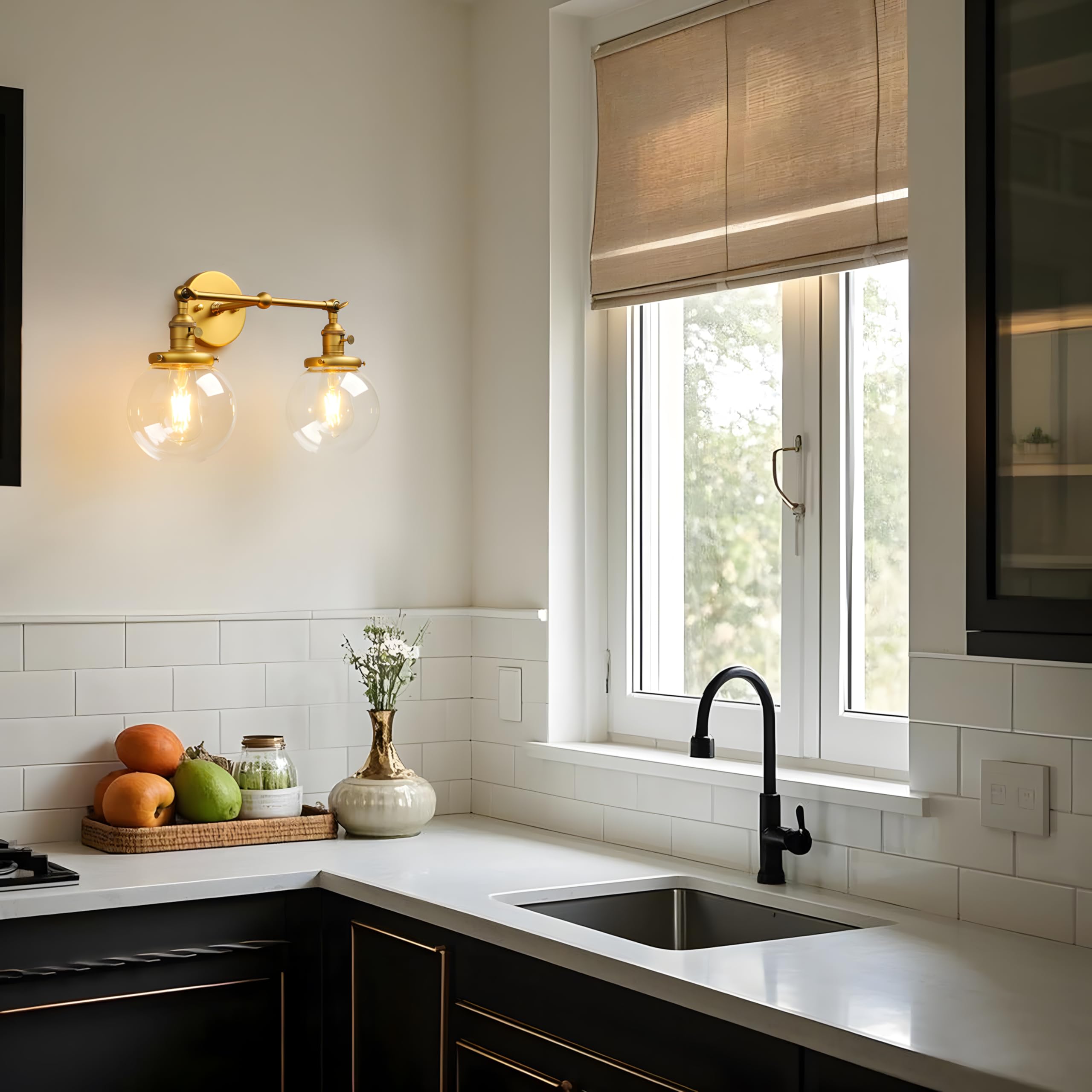 Permo Double Sconce Vintage Antique 2 Lights Vantiy Light Brass Gold Dual Wall Sconces With 5.9 Round Clear Glass Globe Shade Fo