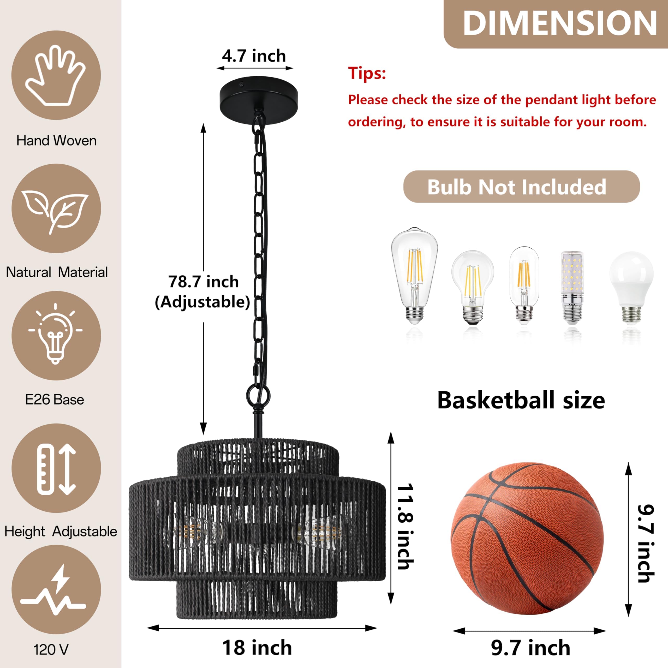 Bagood 18'' Rattan Pendant Light Black Hand-Woven Rattan Chandelier 3-Light Woven Pendant Light 3-Tier Wicker Pendant Light Rust