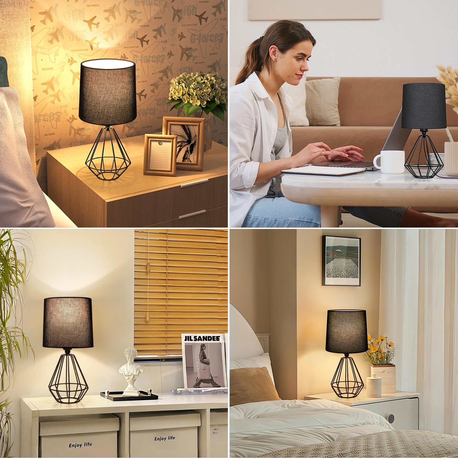 Ggoying Set Of 2 Bedside Table Lamp, Black Metal Modern Lamp With Black Fabric Shade, Simple Side Lamp For Living Room,Bedroom,H