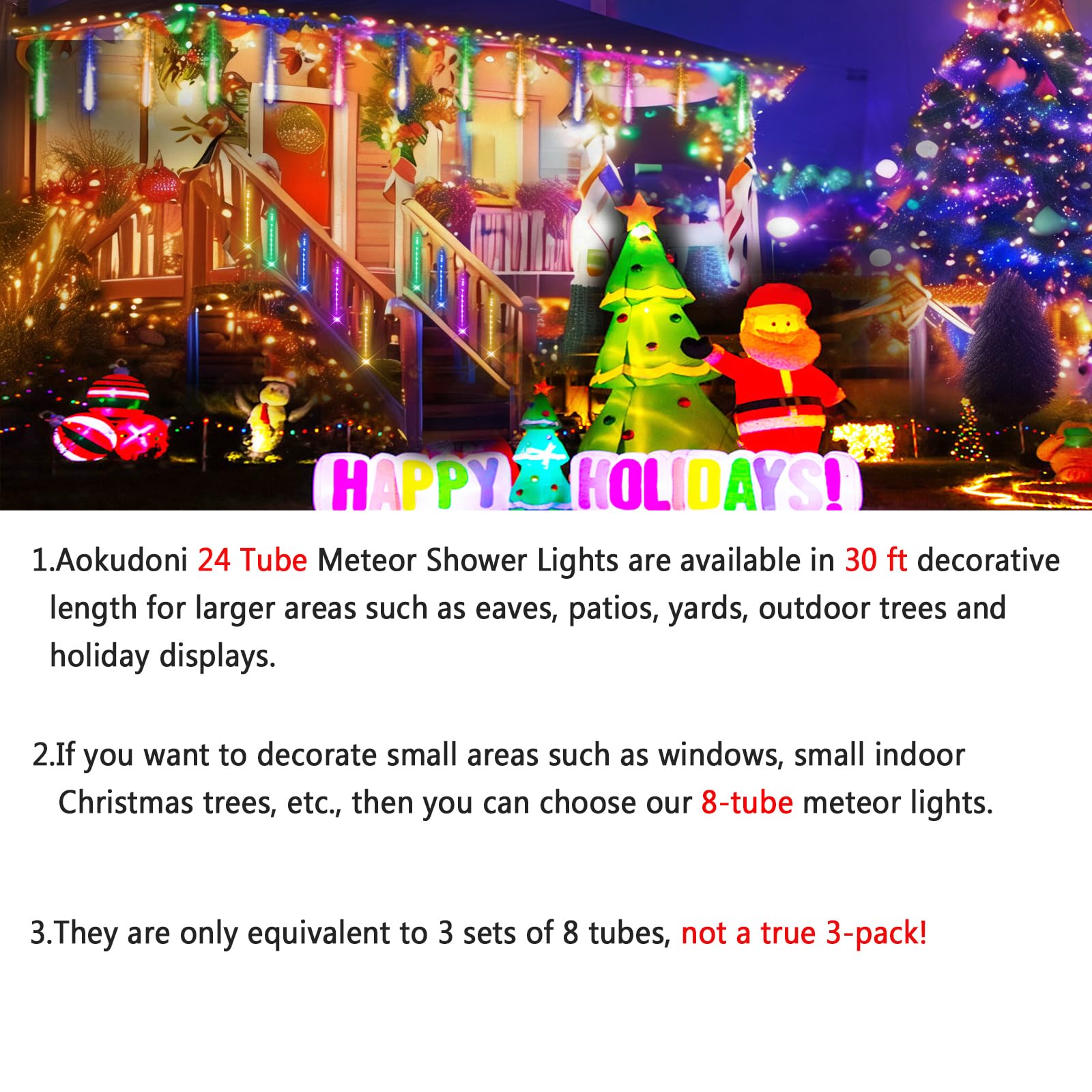 Aokudoni Christmas Lights 24 Tubes Meteor Shower Lights Outdoor, Indoor Outside Christmas Decorations Icicle Snow Falling Rain L