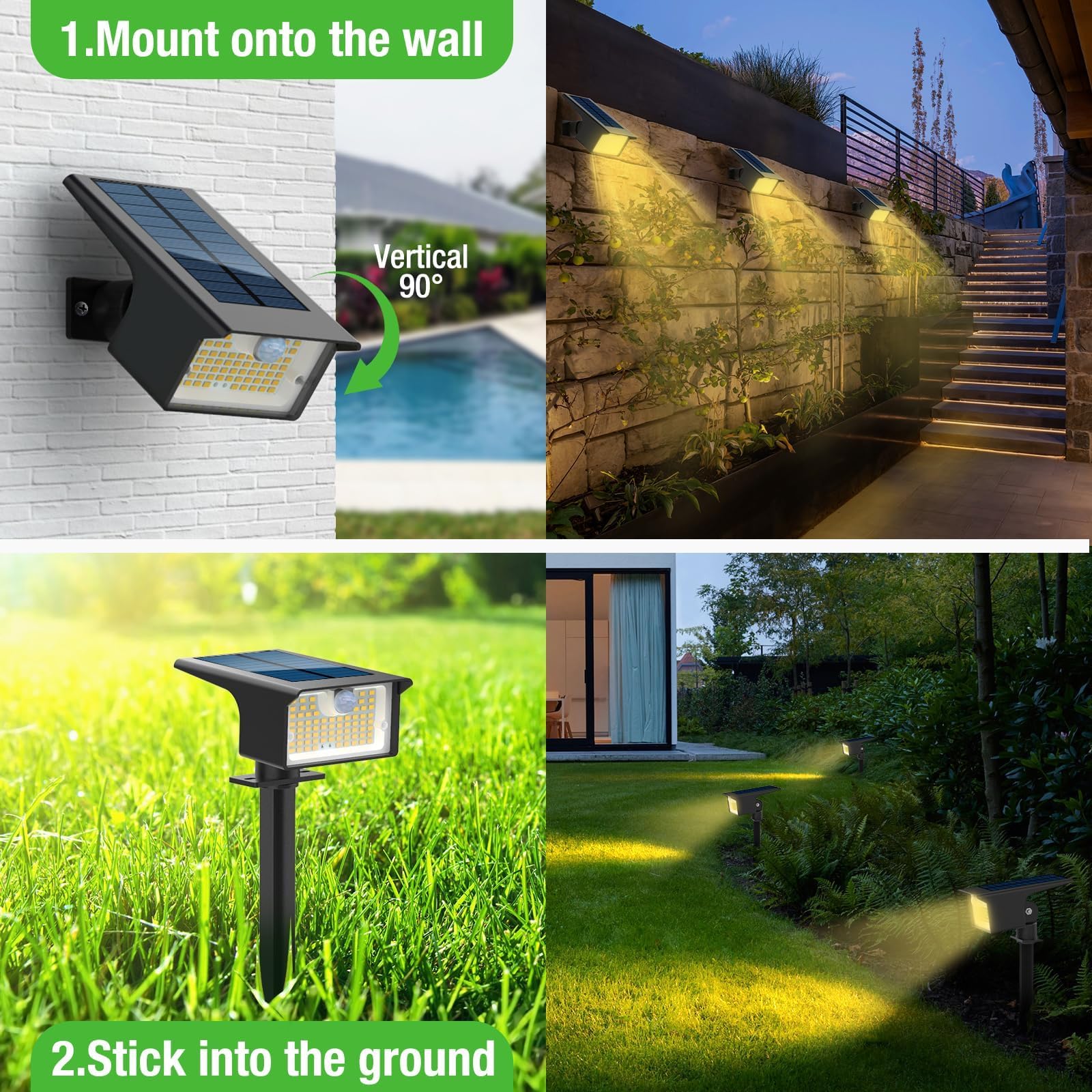 [3 Pack & 62Led]Solar Spot Lights Outdoor Motion Sensor, 3 Modes Motion Sensor Outdoor Lights 2-In-1 Solar Landscape Spotlights