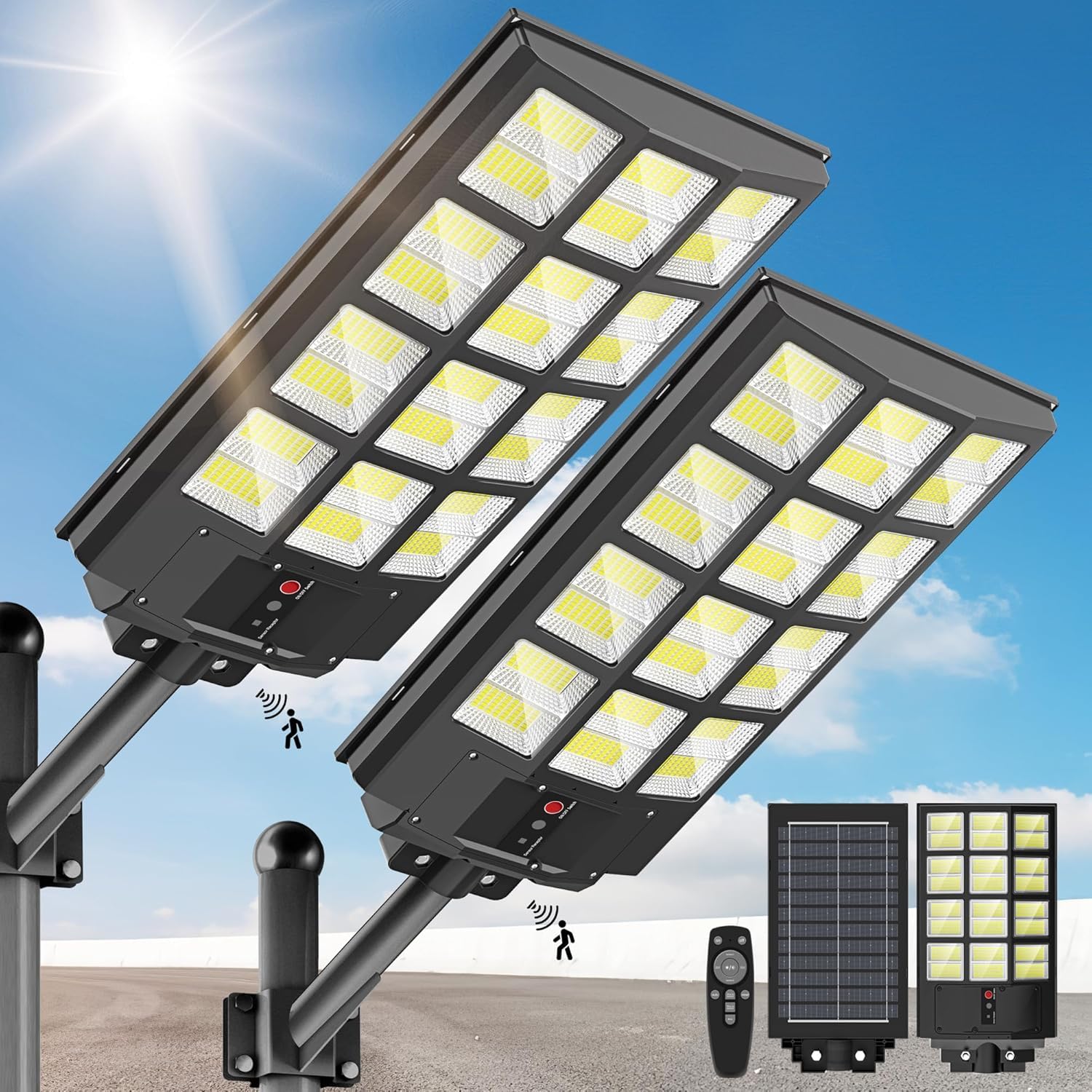 5000W Solar Street Lights Outdoor 6500K Cool White IP66 Waterproof Flood Lights with Motion Sensor & Dusk to Dawn, Wide-Angle Re