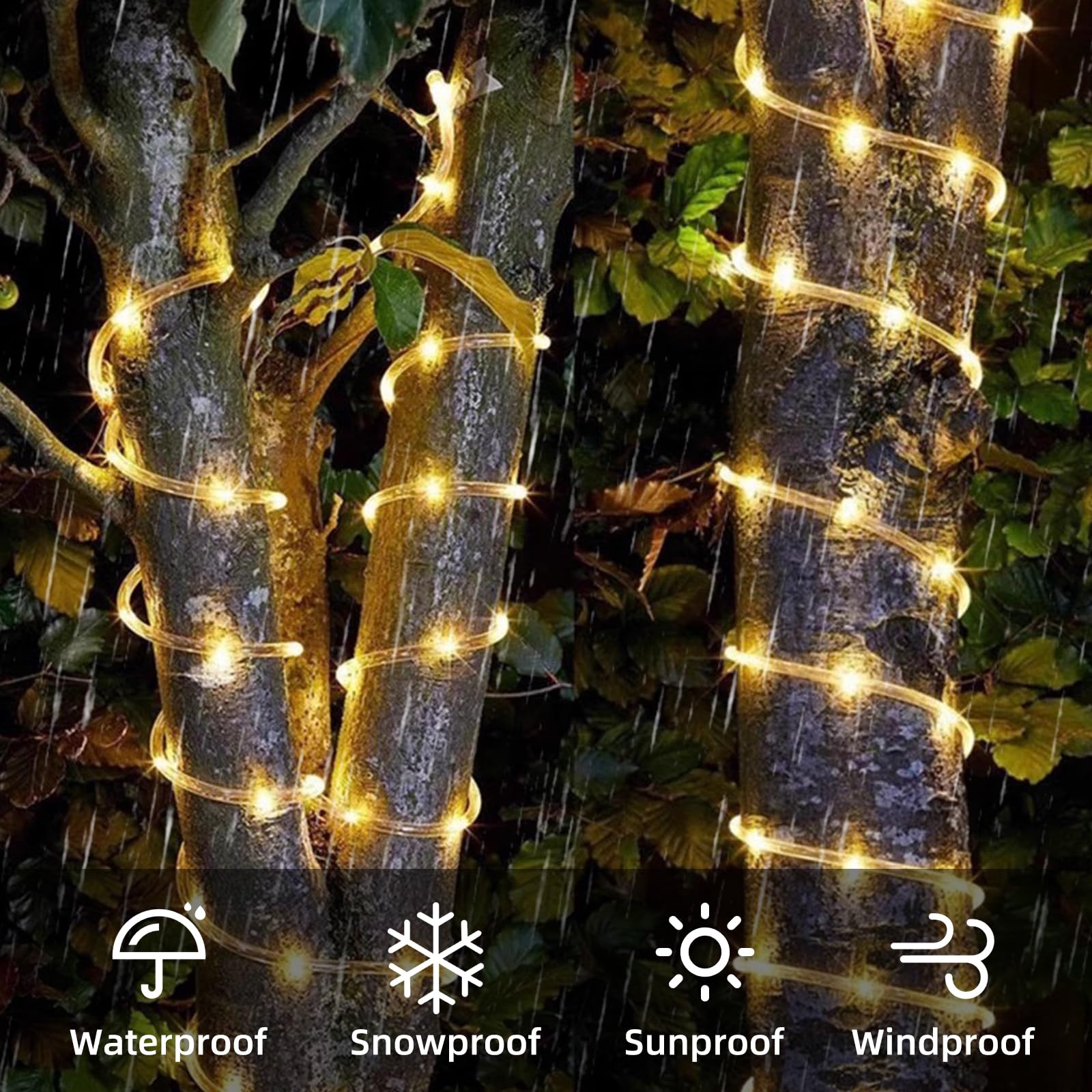 Ijg Christmas Solar Rope Lights Outdoor Waterproof,66Ft 200 Led 8 Modes And Timer Clear Tube Trampoline Lights, Solar And Battery Operate Double Function For Outside(Warm White)
