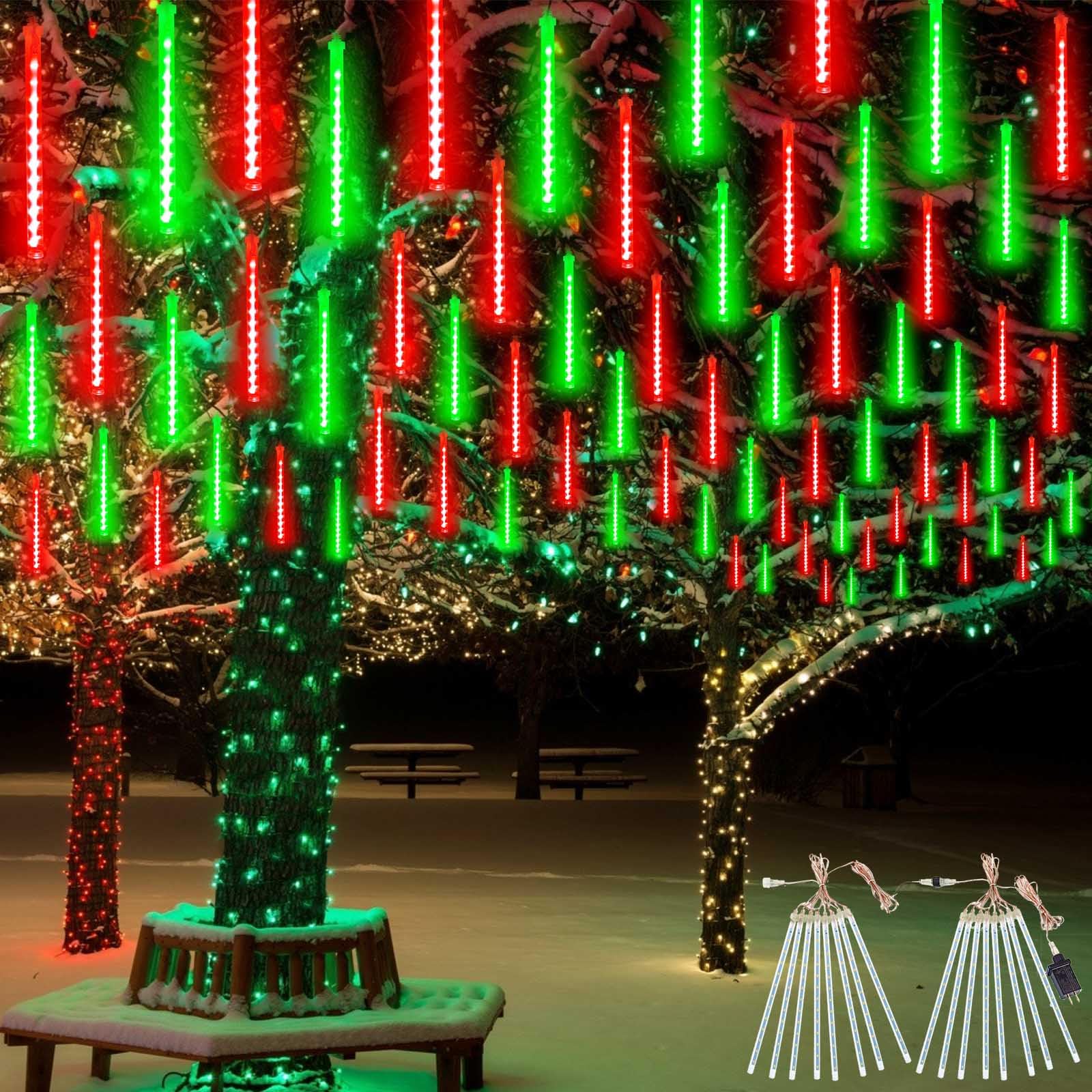 EXF 2-Pack Meteor Shower Lights Outdoor Waterproof 384 LED 30cm Red and Green Plug in Christmas Lights