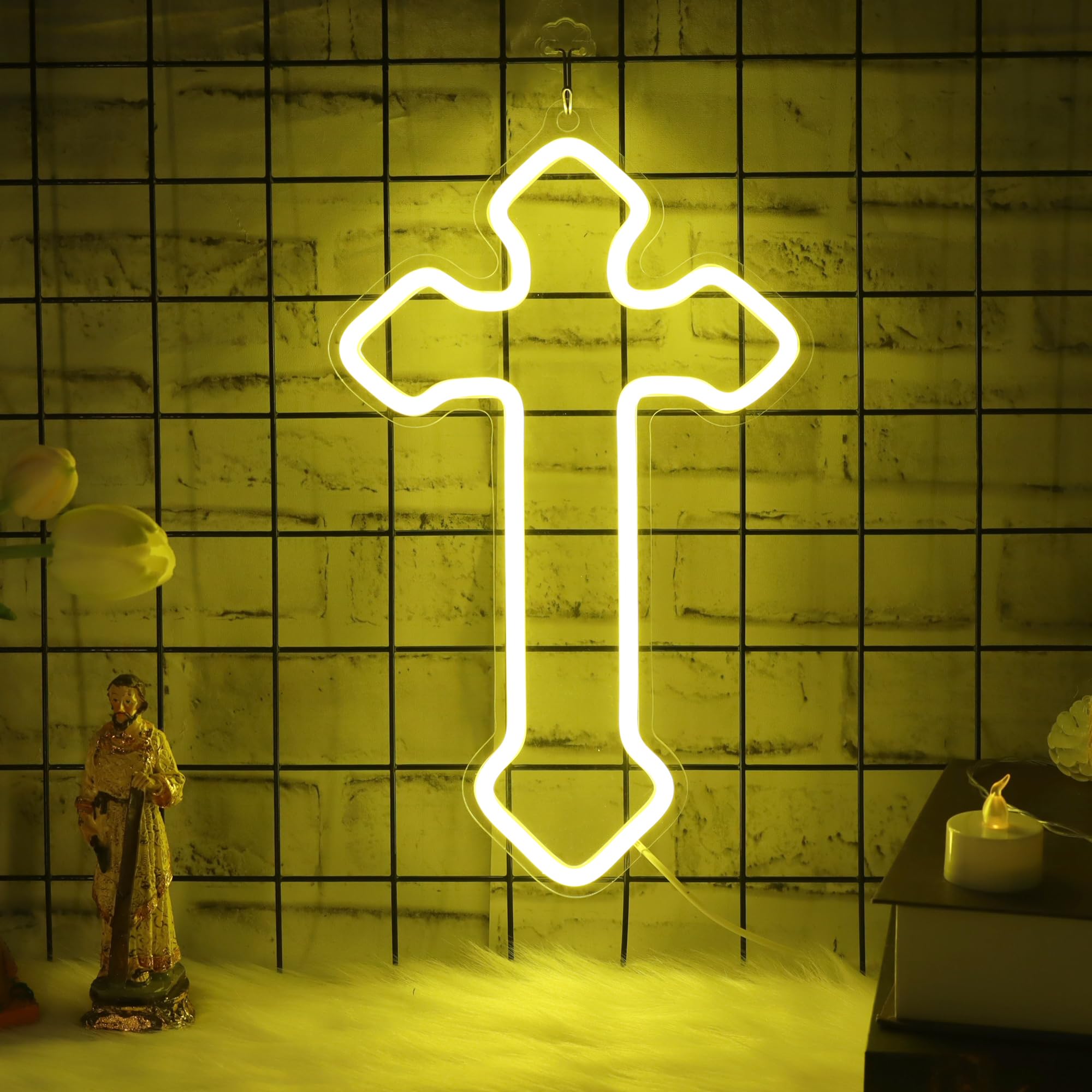 Attivolife LED Neon Cross Sign, Dimmable USB Powered Night Light, 8.03inx13.34in, Warm White Wall Decor