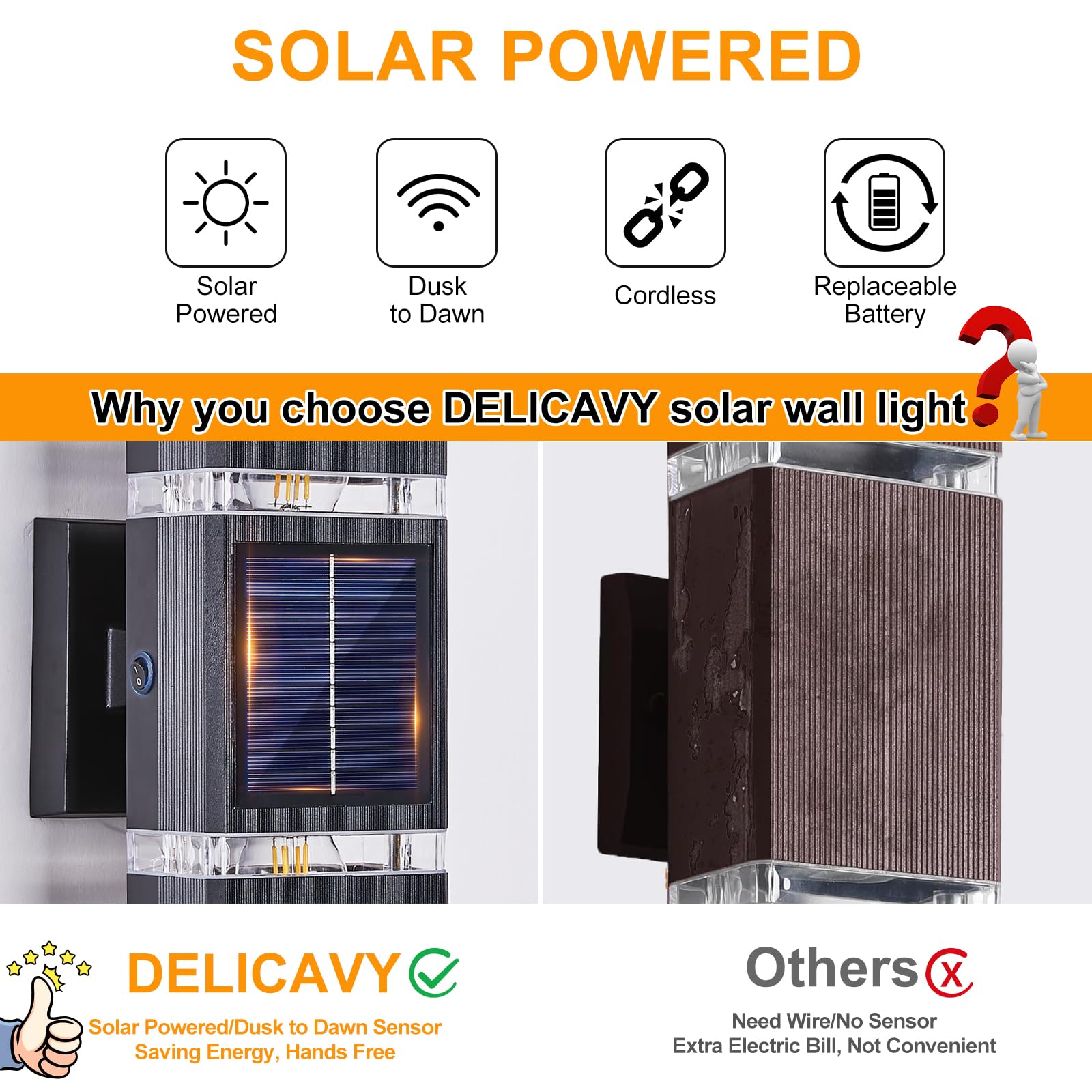 Delicavy 2 Pack Solar Wall Light With 4 Bulbs, Waterproof Modern Sconces For Outdoor Use