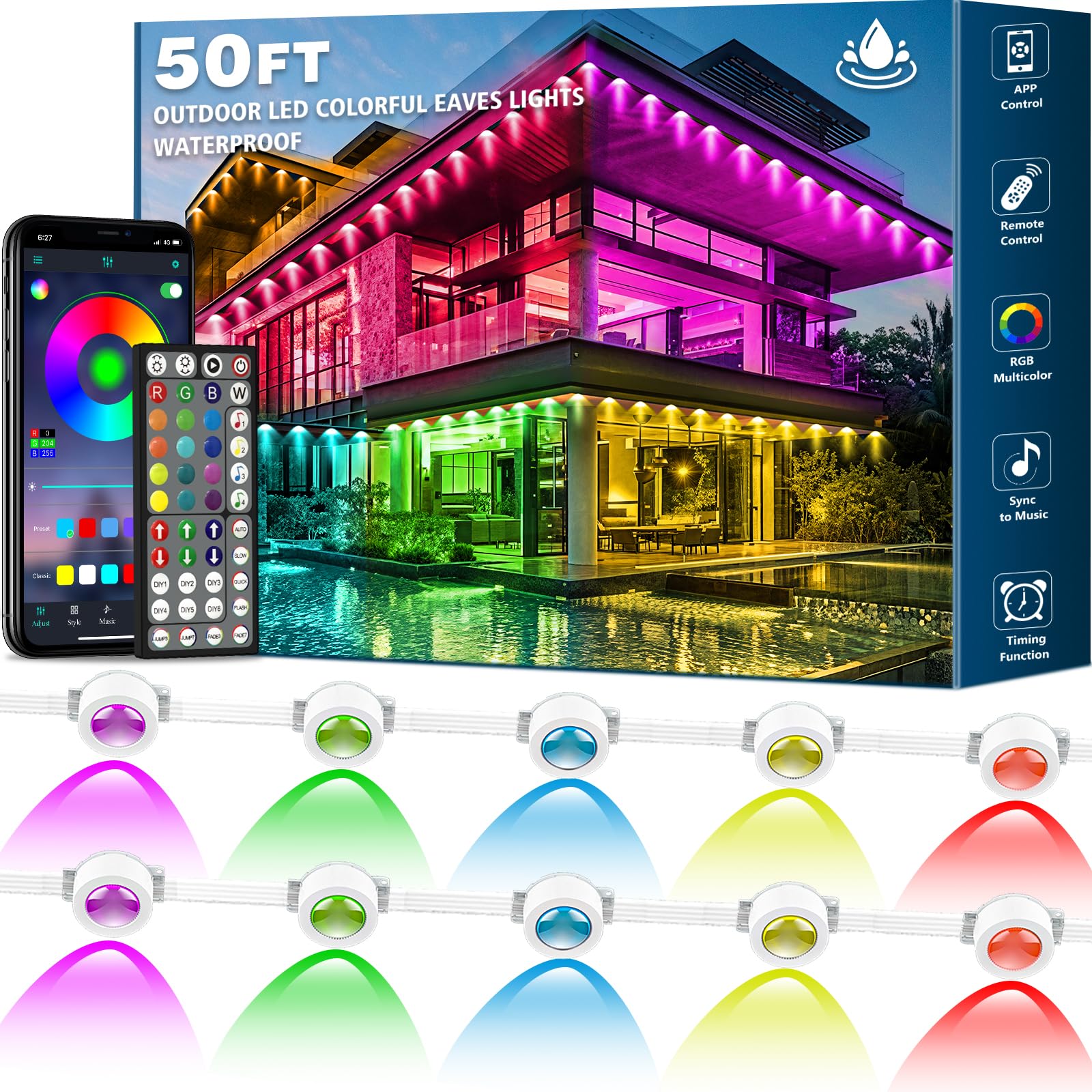SINLEY 50FT Permanent Outdoor Lights,DIY Scene Modes IP67 Waterproof Outdoor Under Eave Lighting,RGB Eaves Lights with App Contr