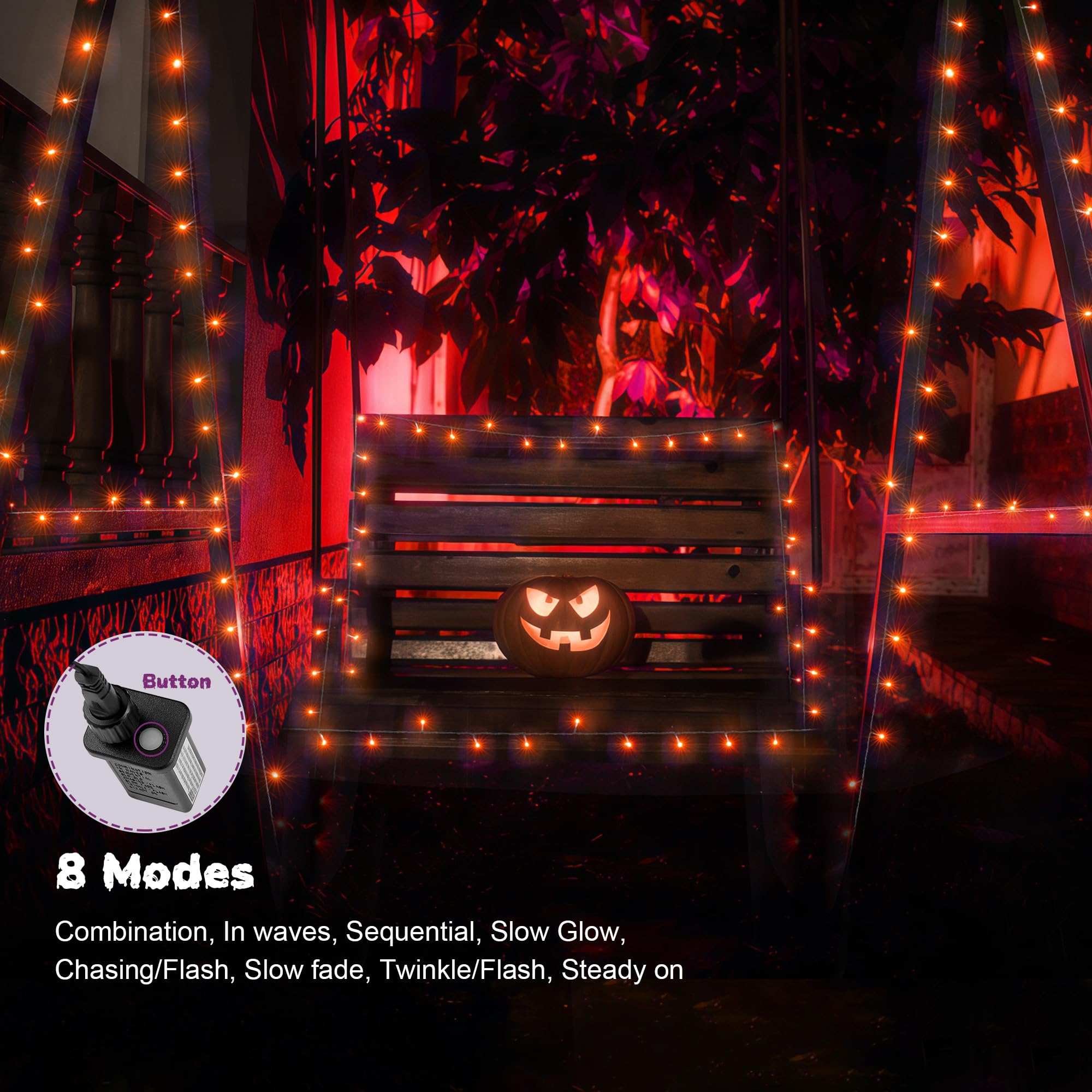 WBao 300LED Orange Halloween String Lights, 108ft, Waterproof, 8 Modes, UL Certified, Copper Material