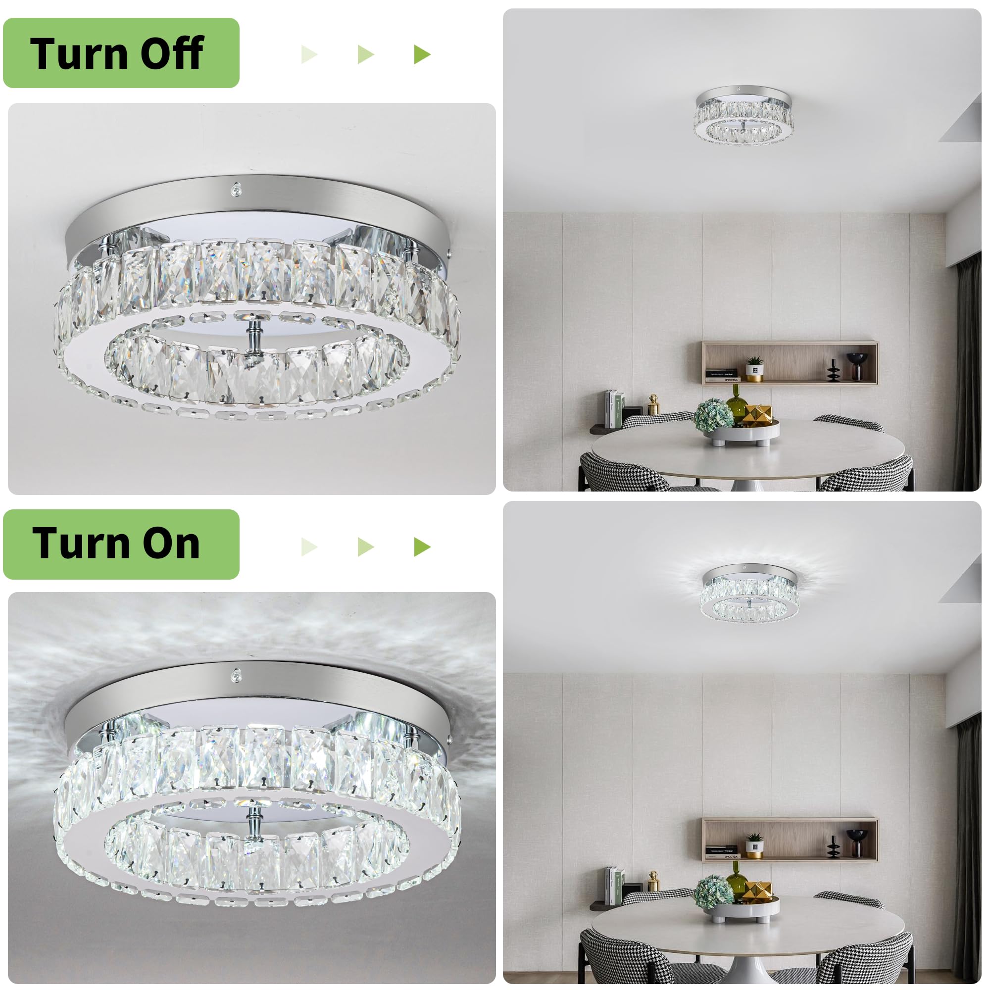 HOPGGIE 12 Inch Dimmable Crystal LED Flush Mount Chandelier Light for Kitchen, Hallway, Bedroom - Model HJ-016, Modern Design