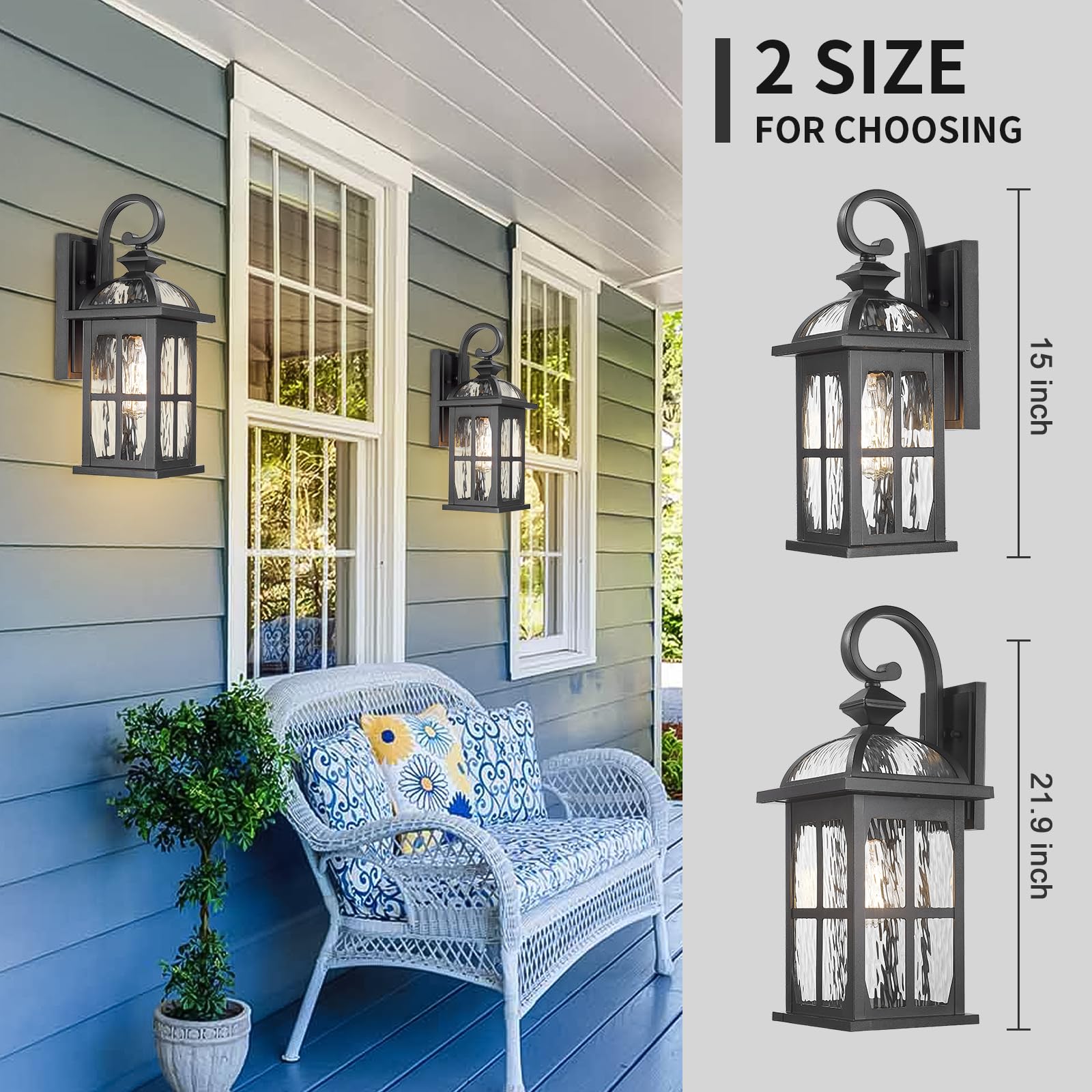 Darkaway Outdoor Wall Light Fixture - Water Ripple Glass, Aluminum, Medium-2 Pack, Black - Ideal for Porch, Patio, Doorway, Garage