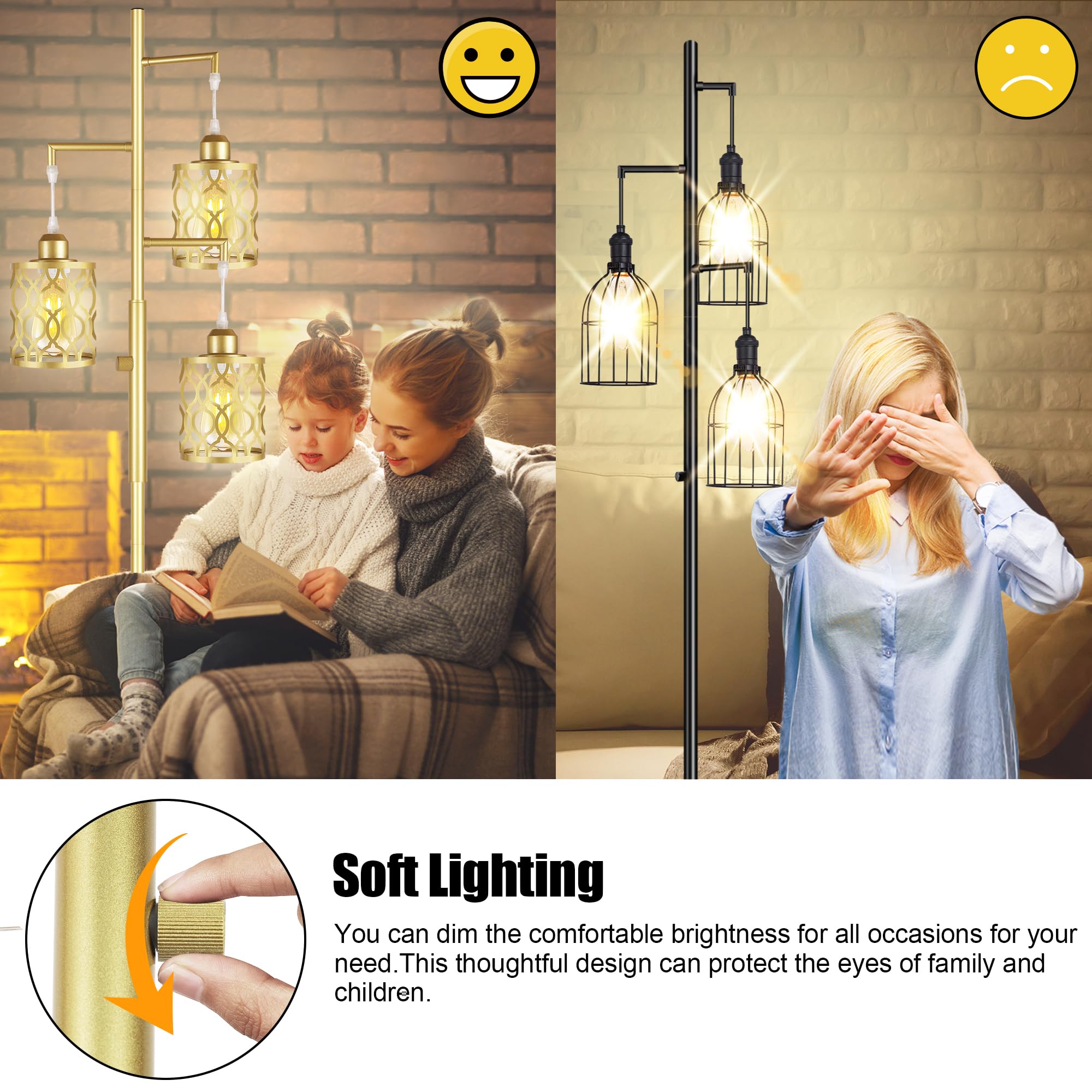 ROTTOGOON 68" Dimmable Gold Floor Lamp, 3-Light Rustic Design with Metal Shade, Includes 3x 6W E26 Bulbs, Model RODLLDD243