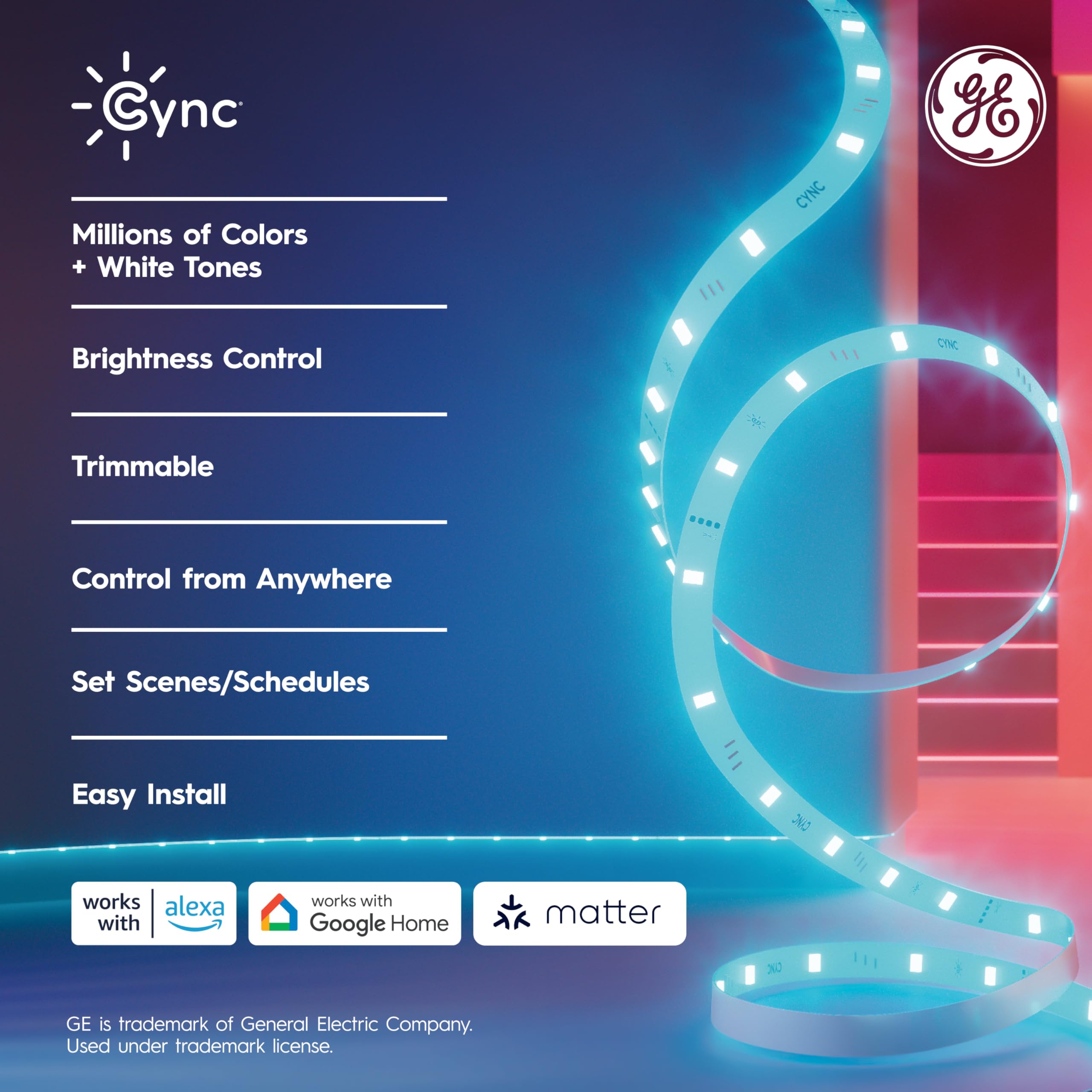 Cync Ge Smart Led Strip Light, Color Changing Room Decor Led Light Strip, Works With Alexa And Google Home, Matter Compatible, L