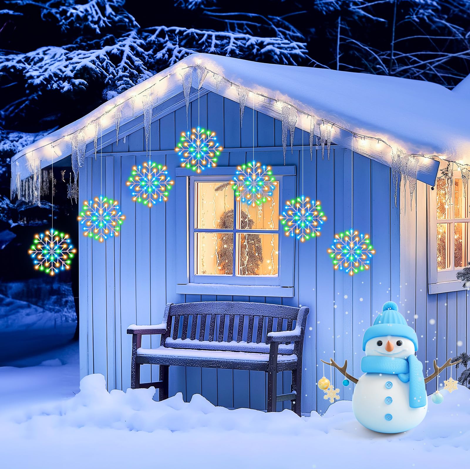 Christmas Snowflake Icicle Lights Outdoor - Plug-In 10.5Ft 5 Drops 240Led Snowflake Window Lights With 8 Modes, Hanging Lights F