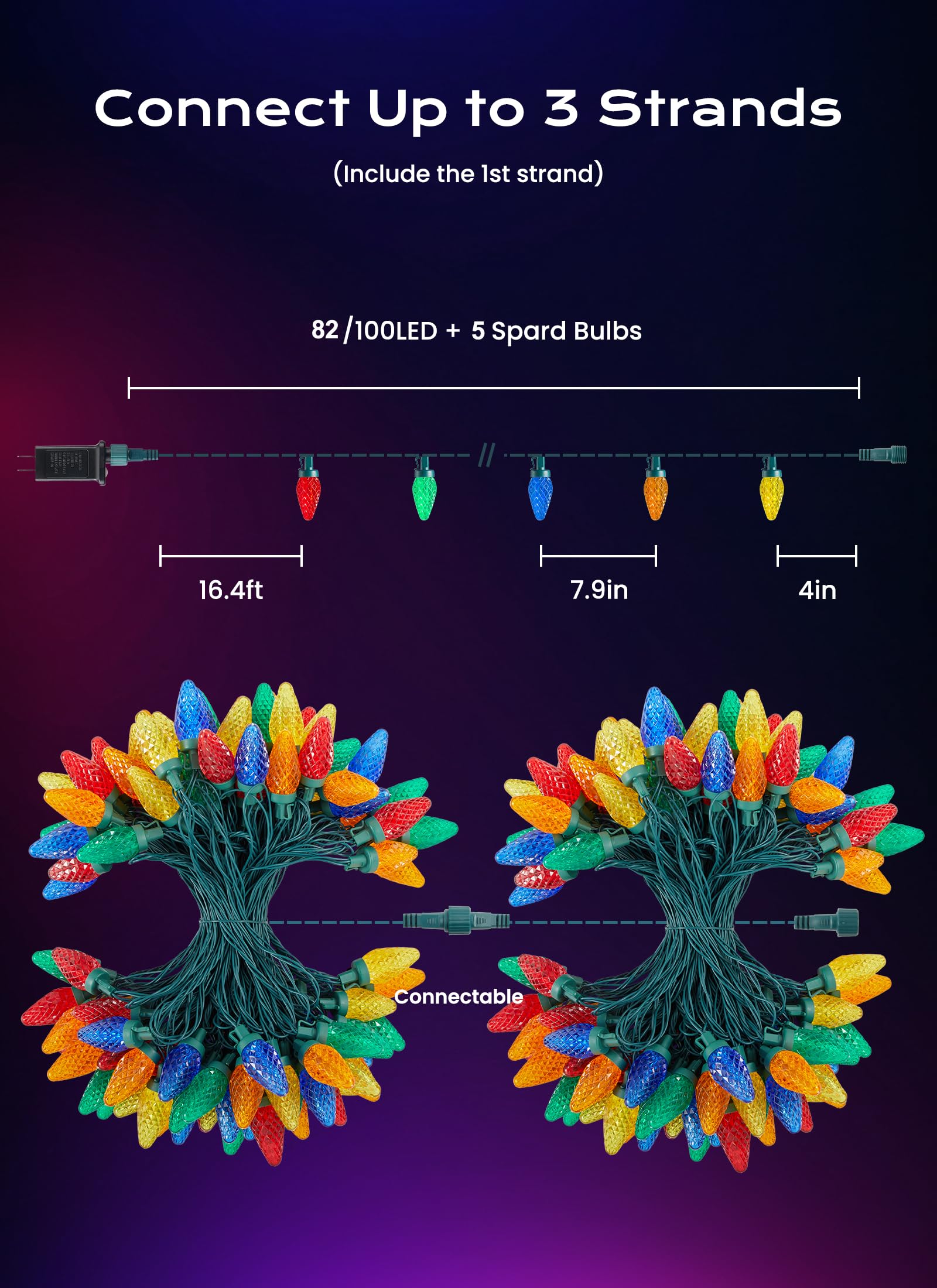 C9 Christmas Lights Outdoor  66 Ft 100 Led Connectable C9 String Lights With 8 Modes And Timer Extendable Xmas Tree Patio Roofline Garden Yard Holiday Party Indoor Outdoor Decoration  Multicolor