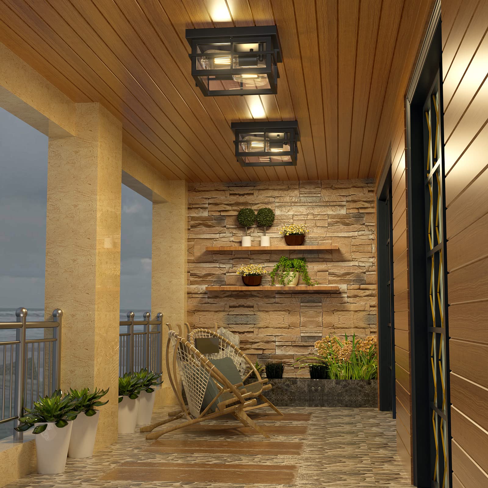 Asnxcju Modern Outdoor Ceiling Light Fixtures, 2-Light Black Flush Mount Light Fixtures With Clear Glass Shade, Farmhouse Square