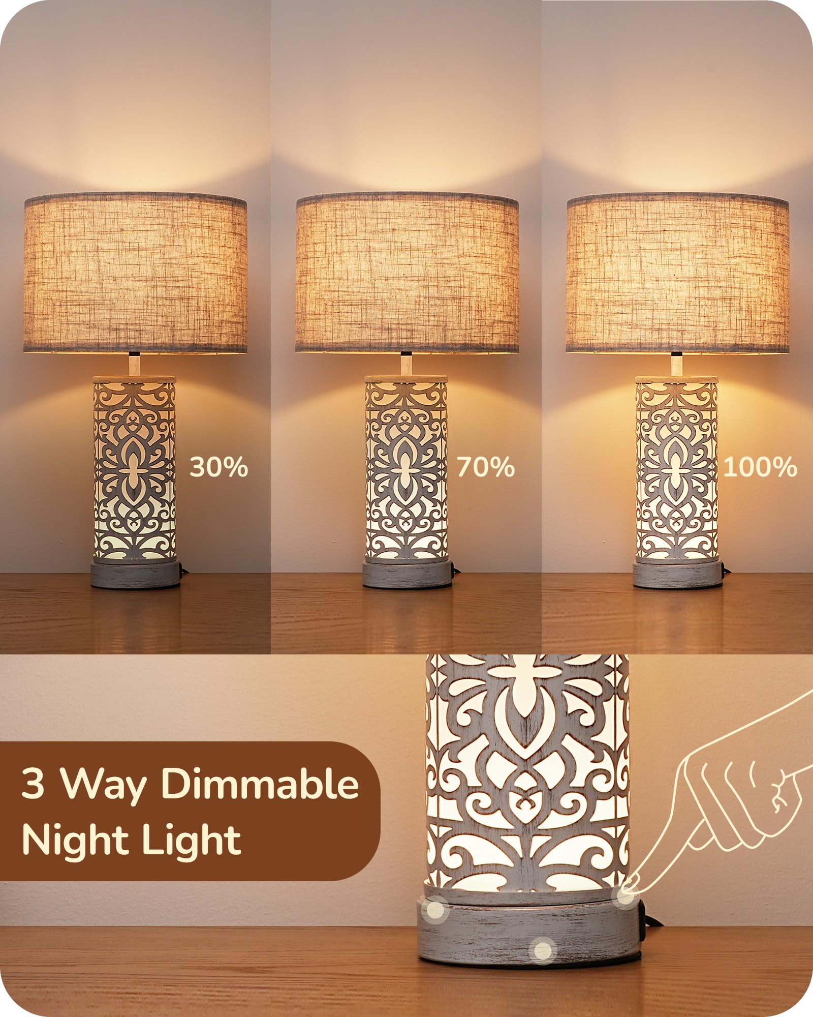 EDISHINE 21.65 Farmhouse Table Lamp Set of 2, Touch 3-Way Dimmable Vintage Nightstand Lamp with A+C USB Ports, Bedside Lamp with