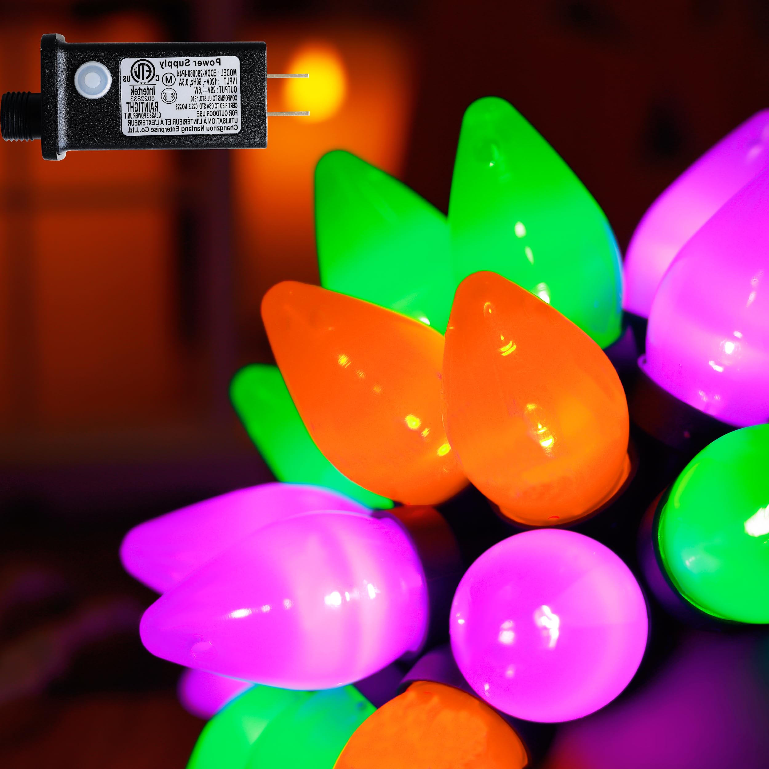 RECESKY C7 Halloween String Lights - 50 LED 24Ft Smooth Bulb Orange Purple Green Lights with Timing Function - Extendable 8 Mode