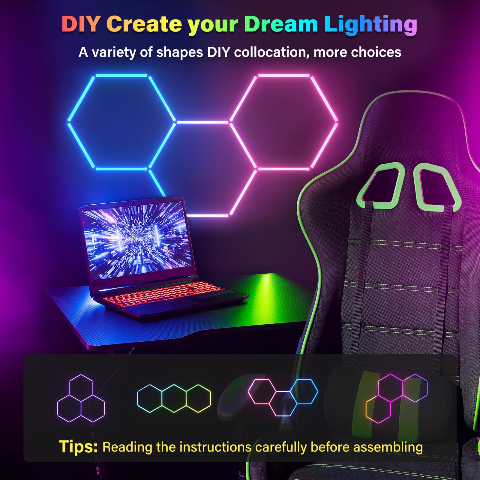 Allyes Hexagon Led Lights - Garage Hexagon Rgb Wall Light, 358 Color Modes, Music Modes, For Gym, Gaming, Studios, Party, Bar