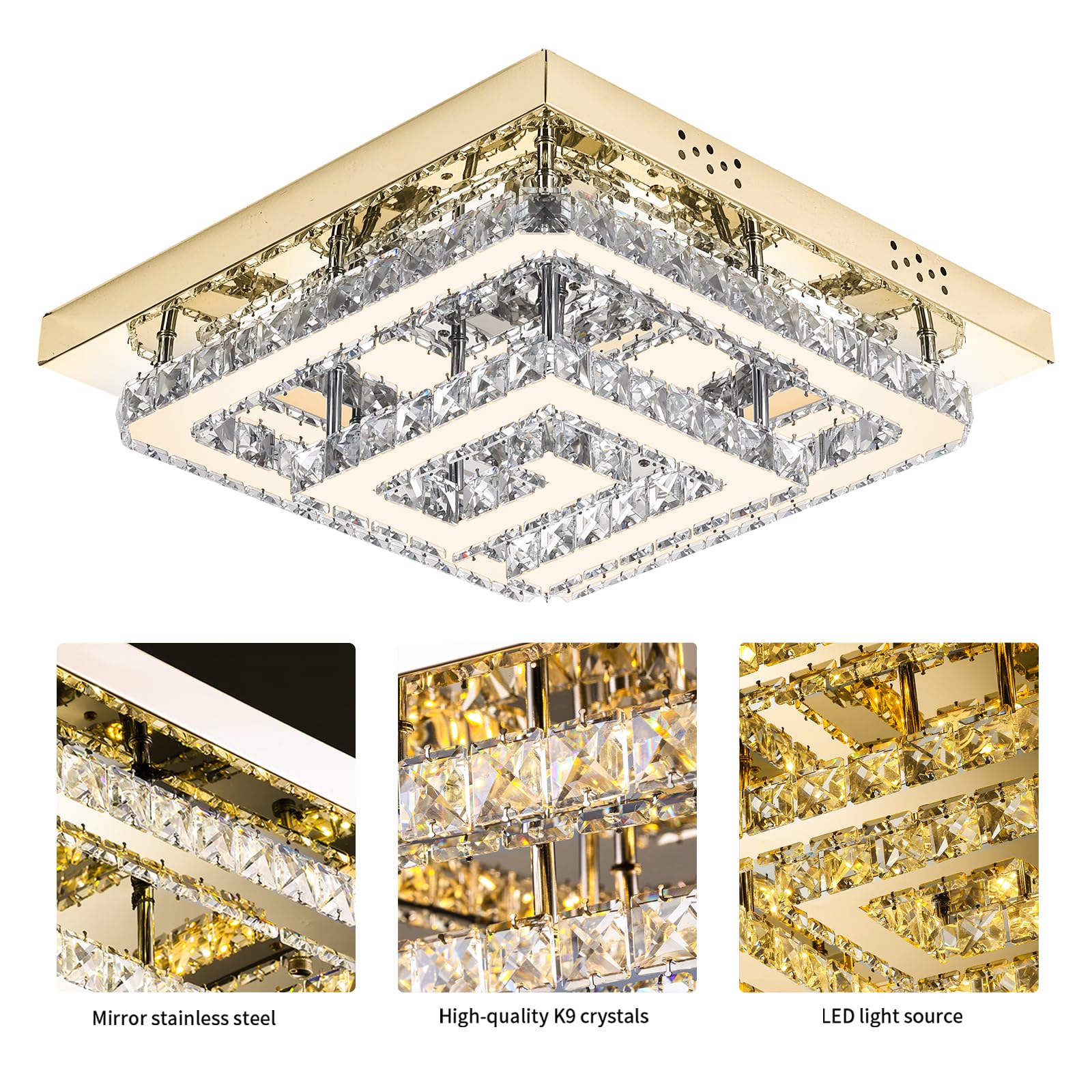 18'' Crystal Gold Chandelier With Remote Control, 3 Color Temperature Light Fixture & Brightness Adjustable, Modern Flush Mount