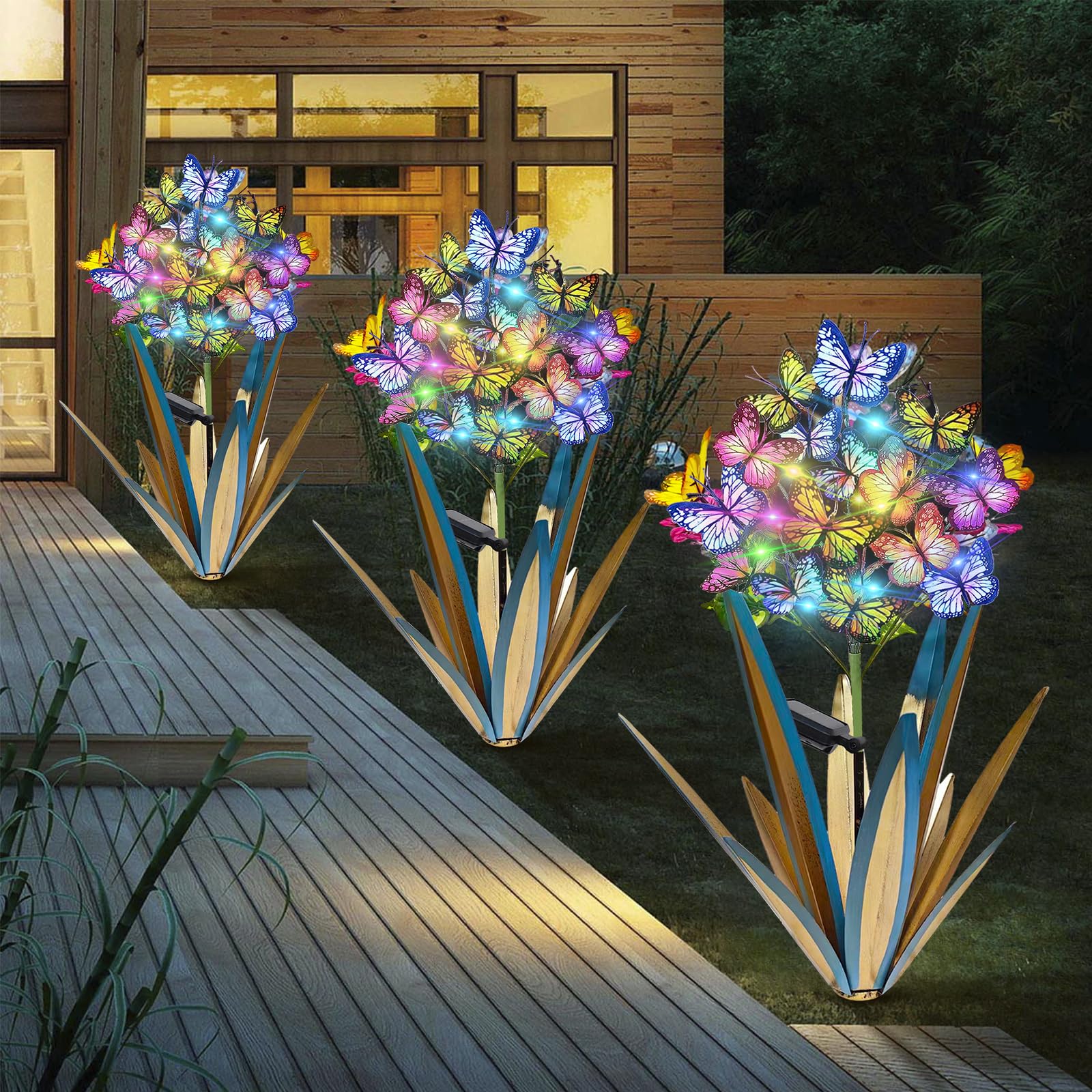 Homight Solar Metal Agave Butterfly Flower Stick Garden Sculpture Outdoor Gift Solar Garden Christmas Lights Swaying Butterfly S