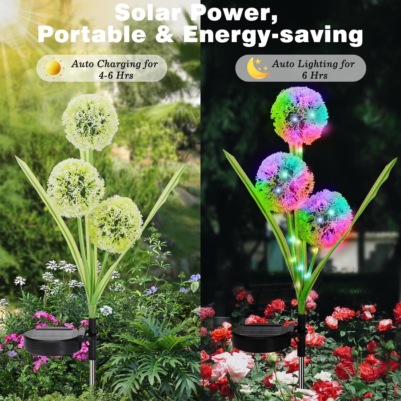 Lewondr 4 Pack Solar Garden Lights, Solar Flowers Lights With 4 Blooming Dandelion Flowers, Waterproof Solar Lights Outdoor For