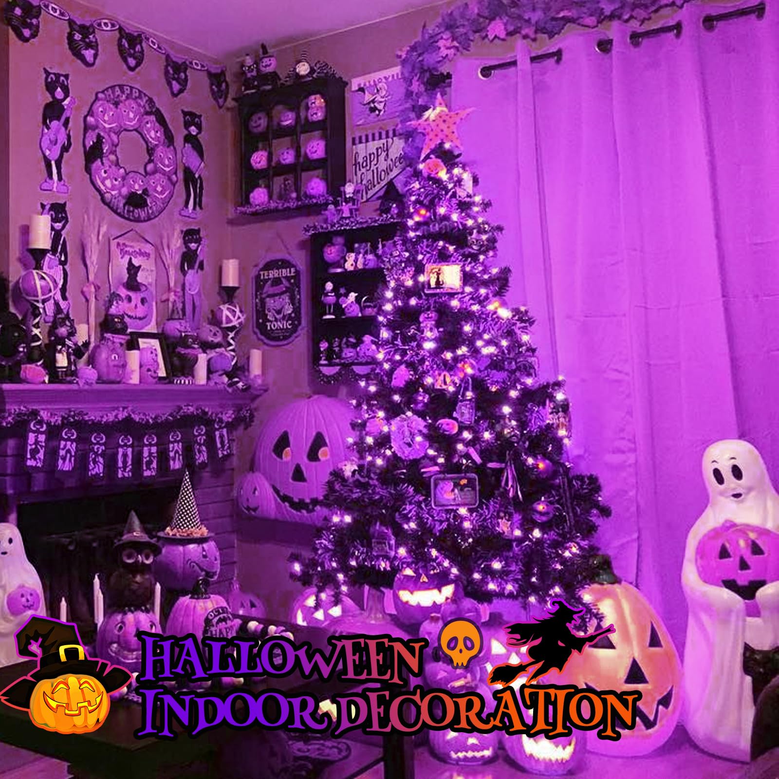 SANJICHA Purple LED Halloween String Lights, 66FT, 200 Lights, 8 Modes, Indoor/Outdoor Decorations