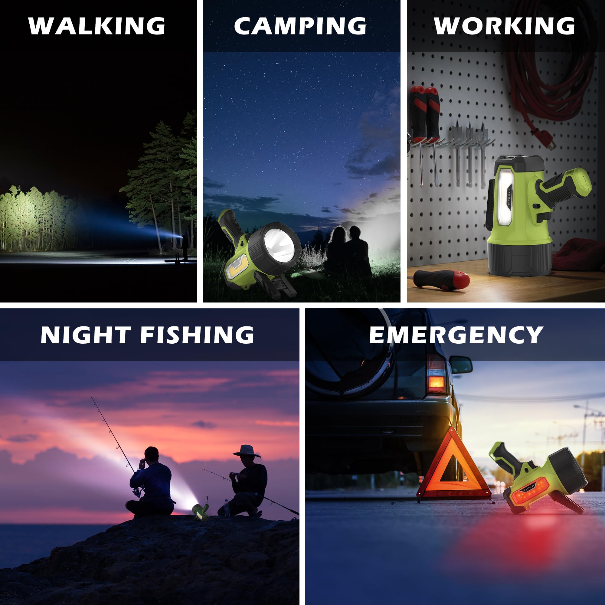 Forto Rechargeable Spotlight Flashlight With 2000 Lumens, Handheld Spotlight With Foldable Stand, 6 Light Modes Ipx7 Waterproof Led Spot Lights Outdoor For Boating Hunting Hiking(Green)