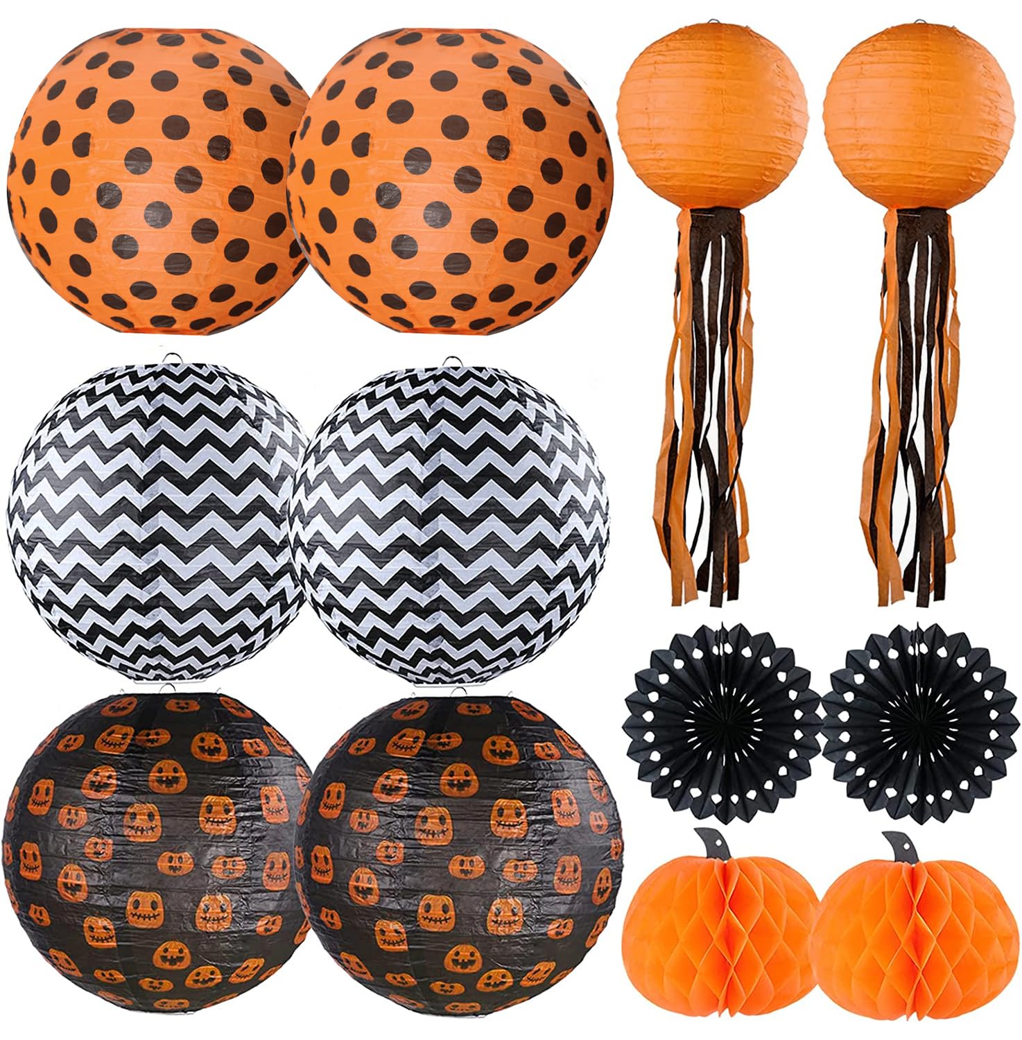 UNIQOOO Halloween Paper Lantern Set, 12 Pack, Black Orange Polka Dots & Wave Prints, Indoor/Outdoor, 12in & 8in