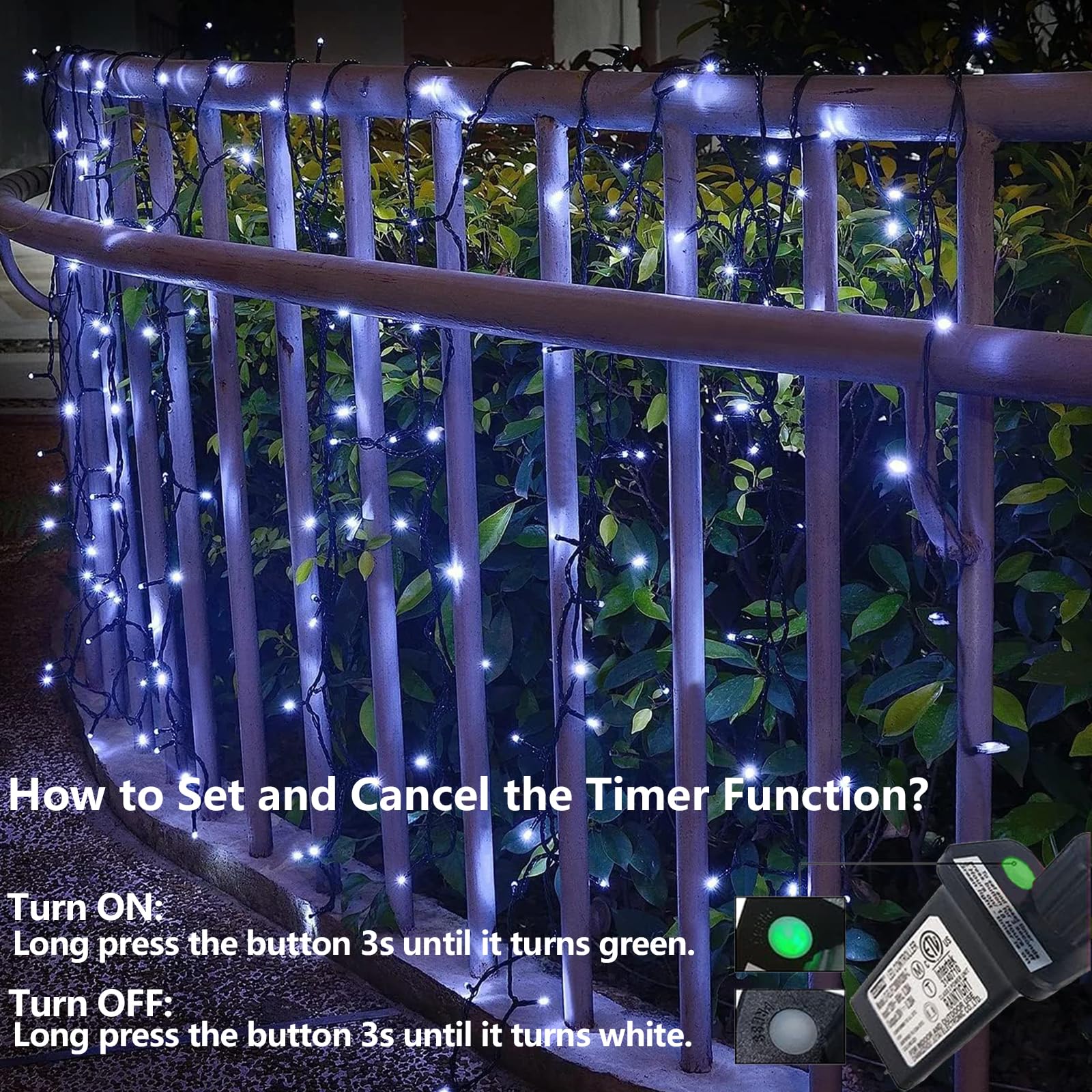 YEGUO 200 LED Christmas Lights, Waterproof Twinkle String Lights, 66ft Green Wire, White, Model JT-EL/FC300V0200-C