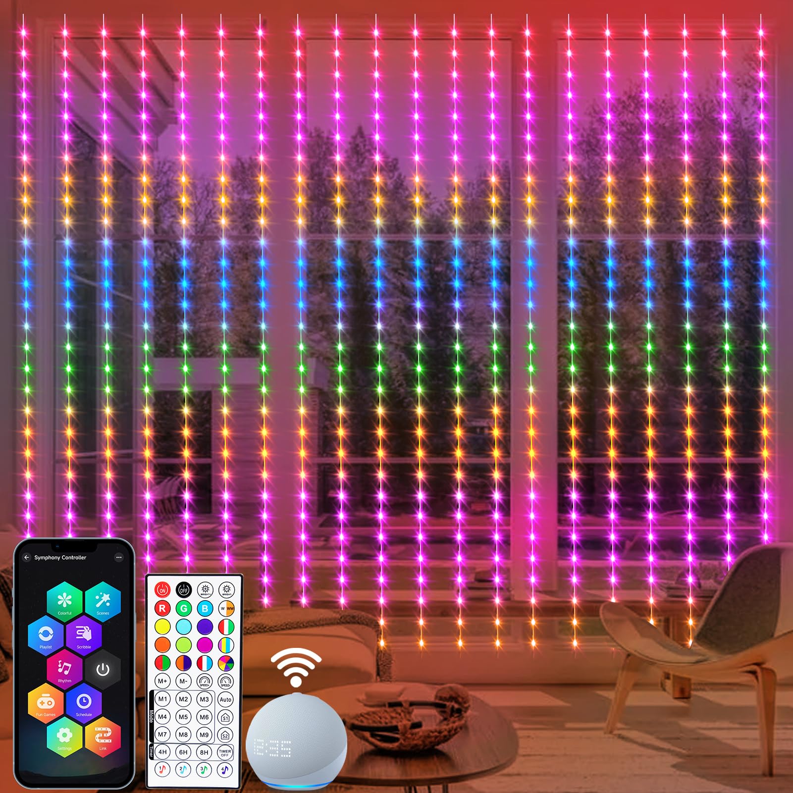 echosari Smart 600 LED Curtain Lights, 20Ft x 10Ft, Compatible with Alexa, App Control, DIY Fairy Lights, Dynamic for Backyard, 