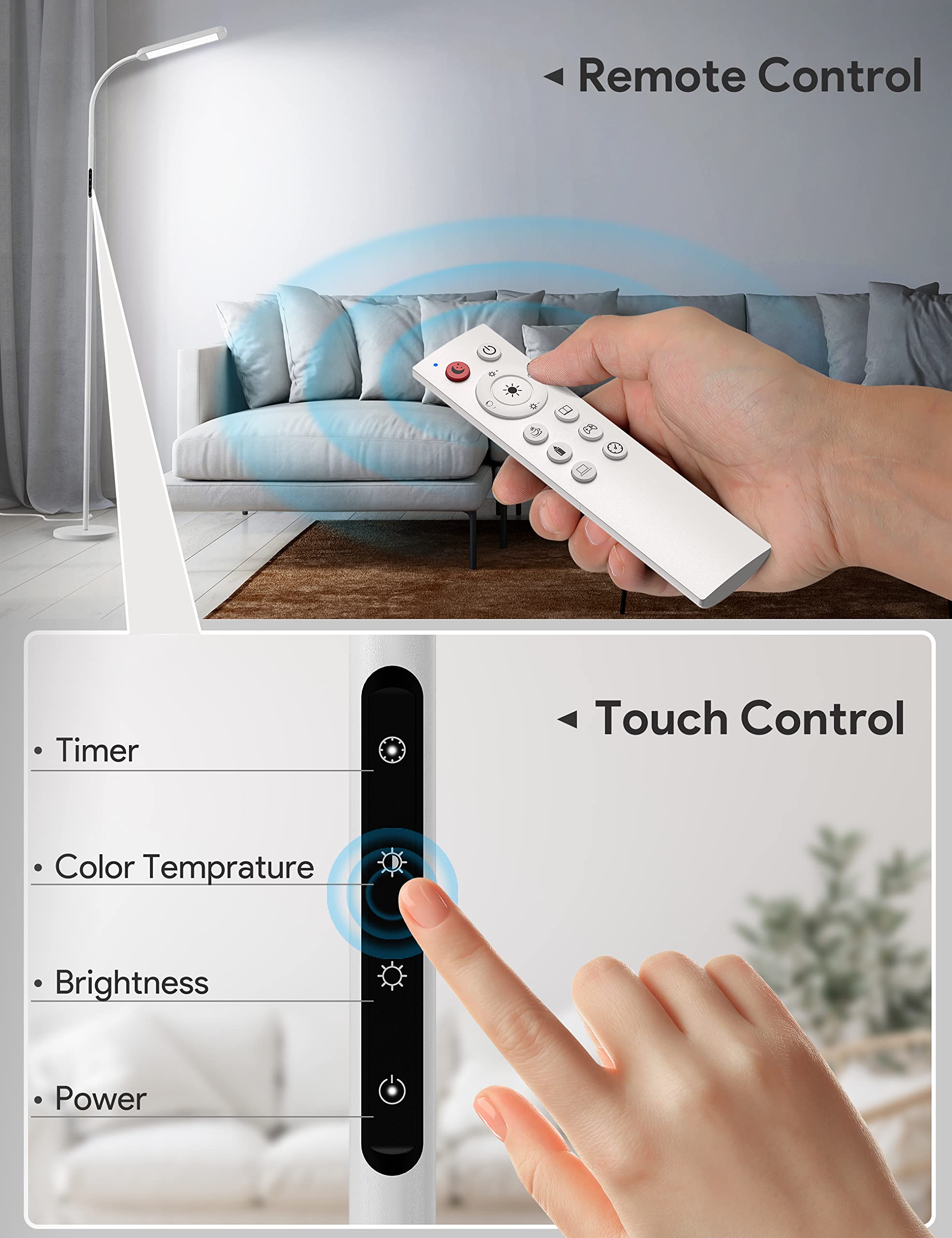 MediAcous LED Floor Lamp with Remote, 5 Colors & Brightness, Gooseneck, White, Model ME-FL01