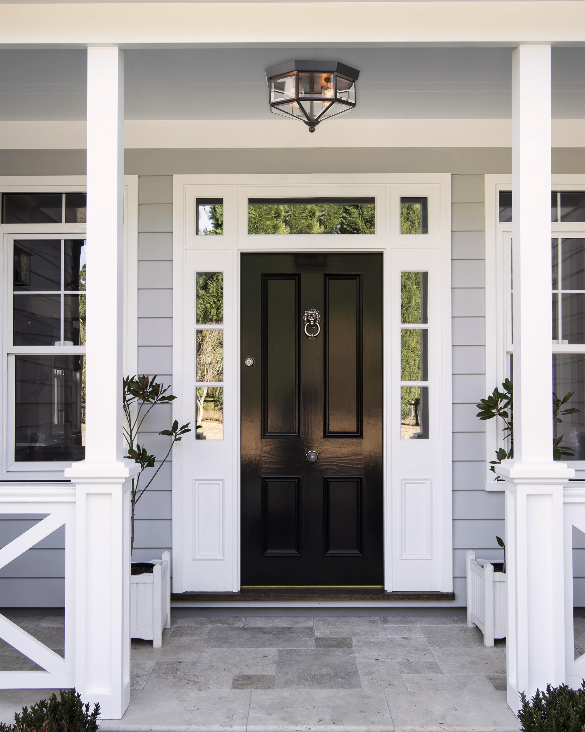 Flush Mount Outdoor Ceiling Light Fixture  4 Light Exterior Porch Ceiling Lights With Clear Glass  Black Farmhouse Lighting For Indoor Hallway Kitchen Stairway (E12 Base)