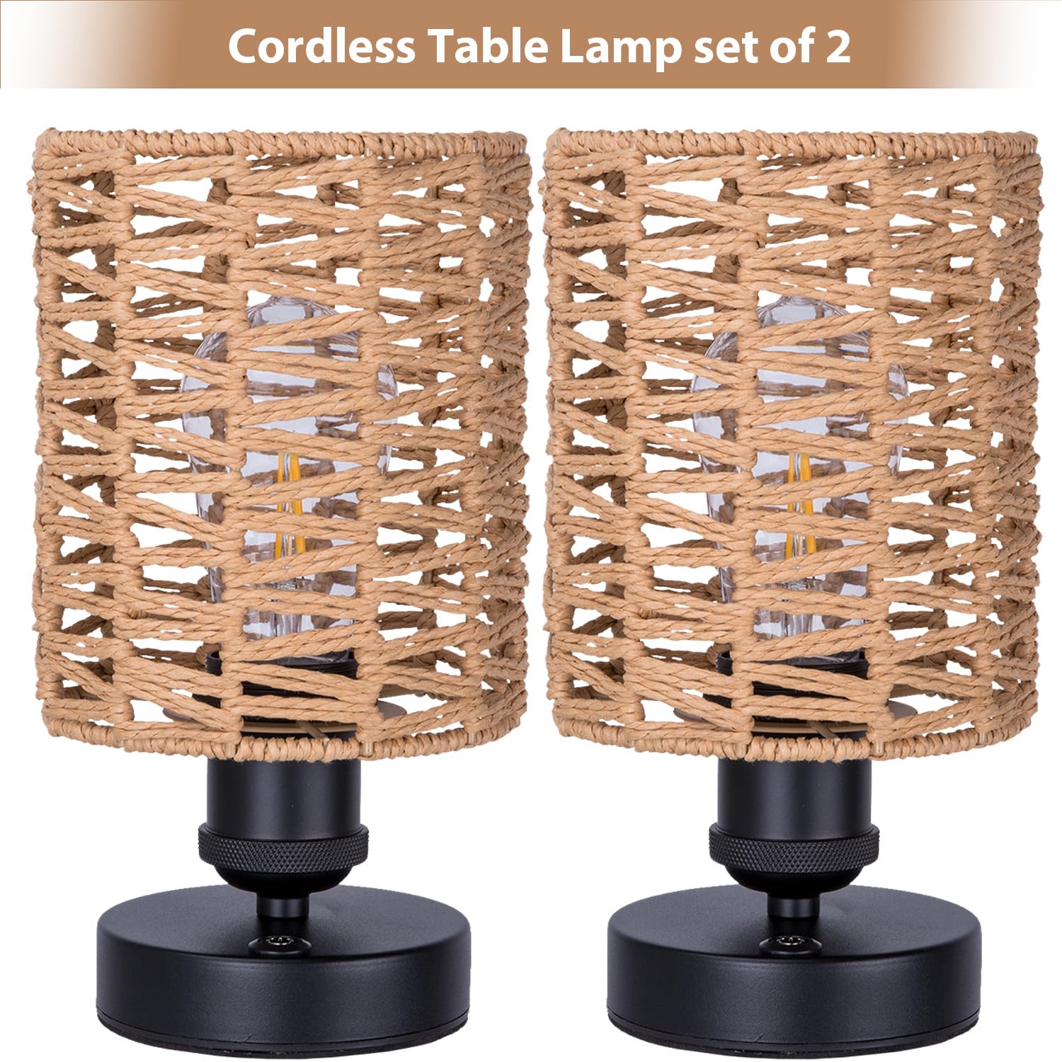 All Fortune Cordless Outdoor Table Lamps, Small Rattan Boho, Rechargeable Battery Operated For Outdoor Patio, Home, Living Room,