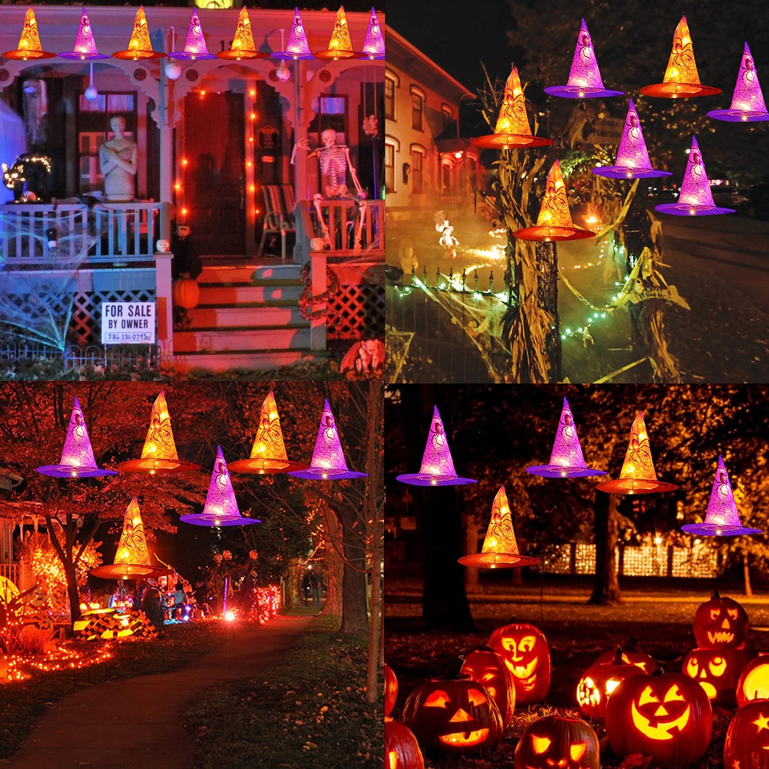 Dazzle Bright Witch Hat String Lights - 8 Pcs Waterproof Halloween Decor with Remote Control, Multicolor, 2 Pack