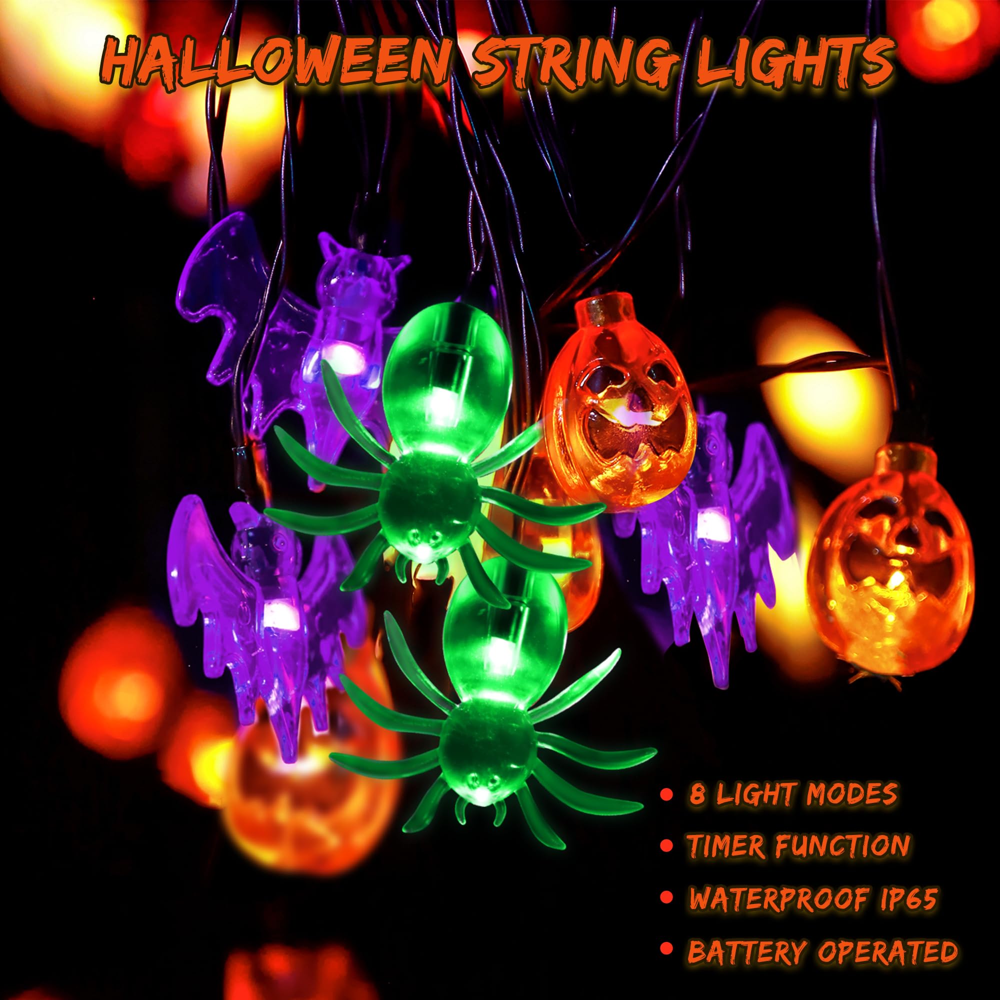 Halloween Lights Outdoor Indoor 20Ft 30 Led 3D Pumpkin Bat Spider Battery Operated Halloween String Lights With Timer, 8 Light Modes Waterproof Halloween Decorations Lights For Yard Window Party Decor
